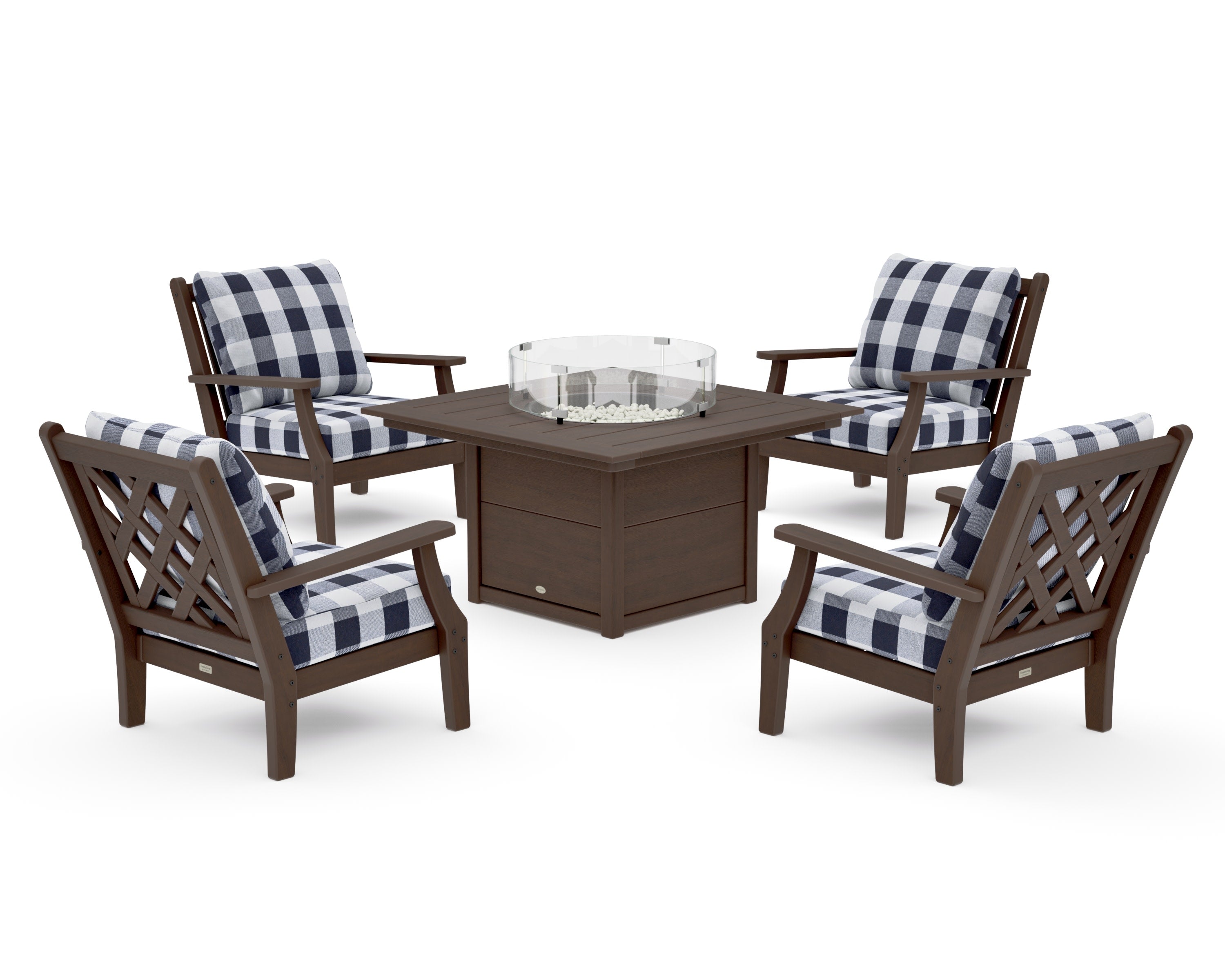Wovendale 5-Piece Deep Seating Set with Fire Pit Table in Kona / Buffalo Plaid Navy