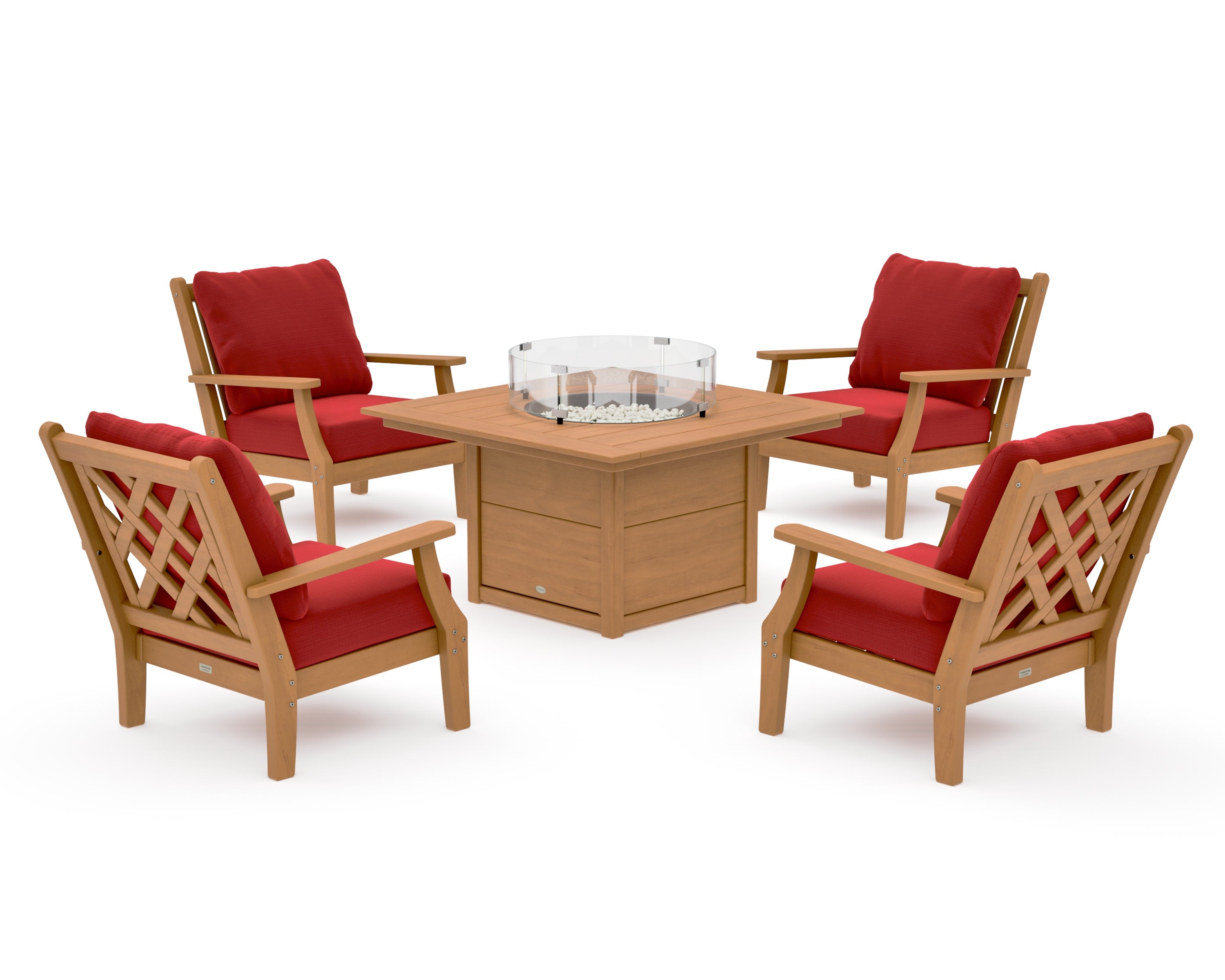 Wovendale 5-Piece Deep Seating Set with Fire Pit Table in Natural / Crimson Linen