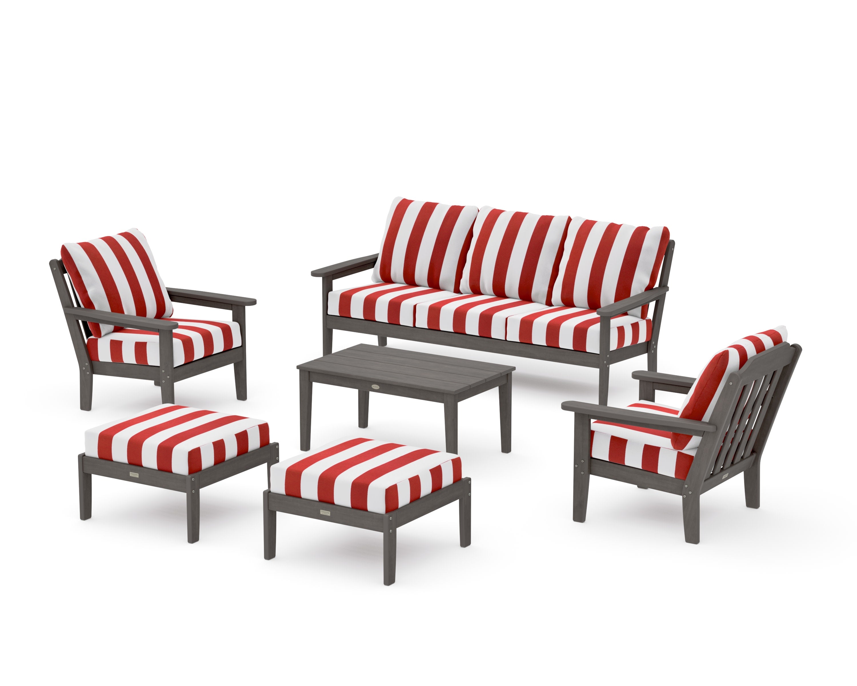 Cottage 6-Piece Lounge Sofa Set in Driftwood / Cabana Stripe Crimson
