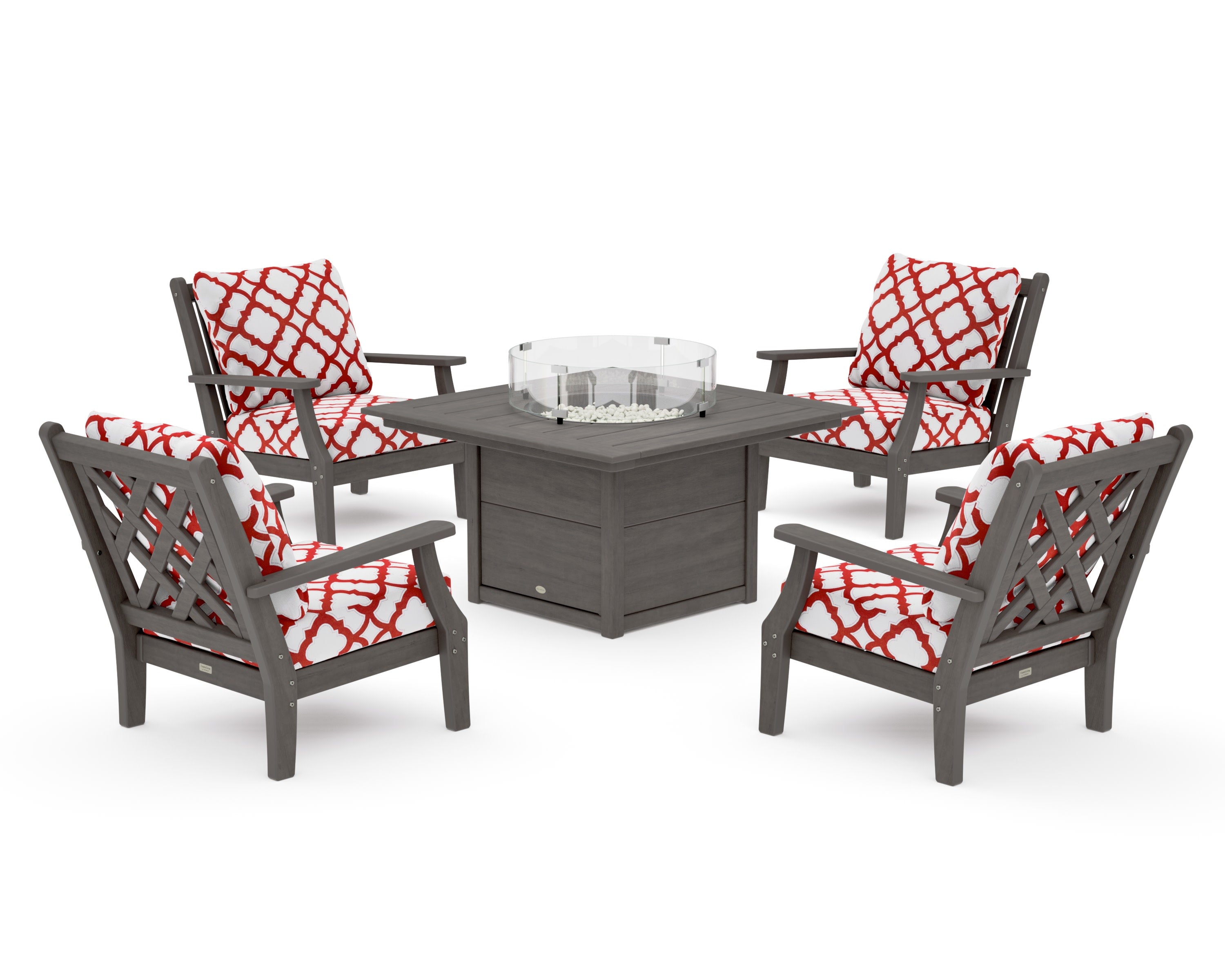 Wovendale 5-Piece Deep Seating Set with Fire Pit Table in Driftwood / Trellis Crimson