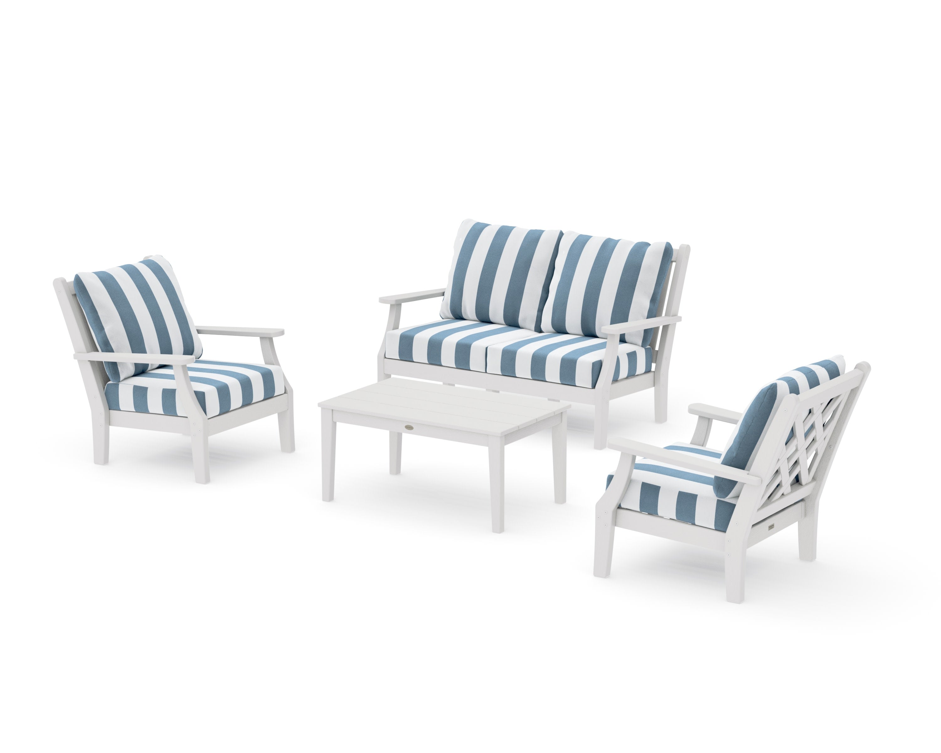 Wovendale 4-Piece Deep Seating Set with Loveseat in Vintage White / Cabana Stripe Sky Blue