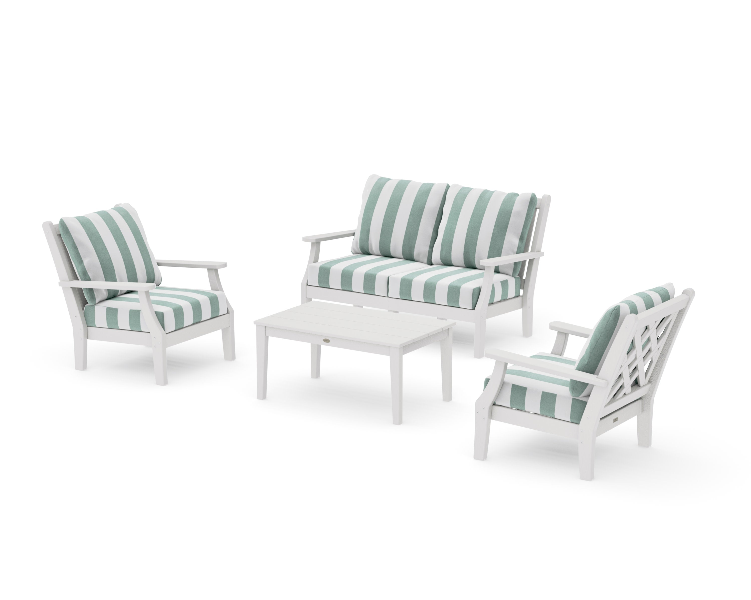 Wovendale 4-Piece Deep Seating Set with Loveseat in Vintage White / Cabana Stripe Glacier Spa