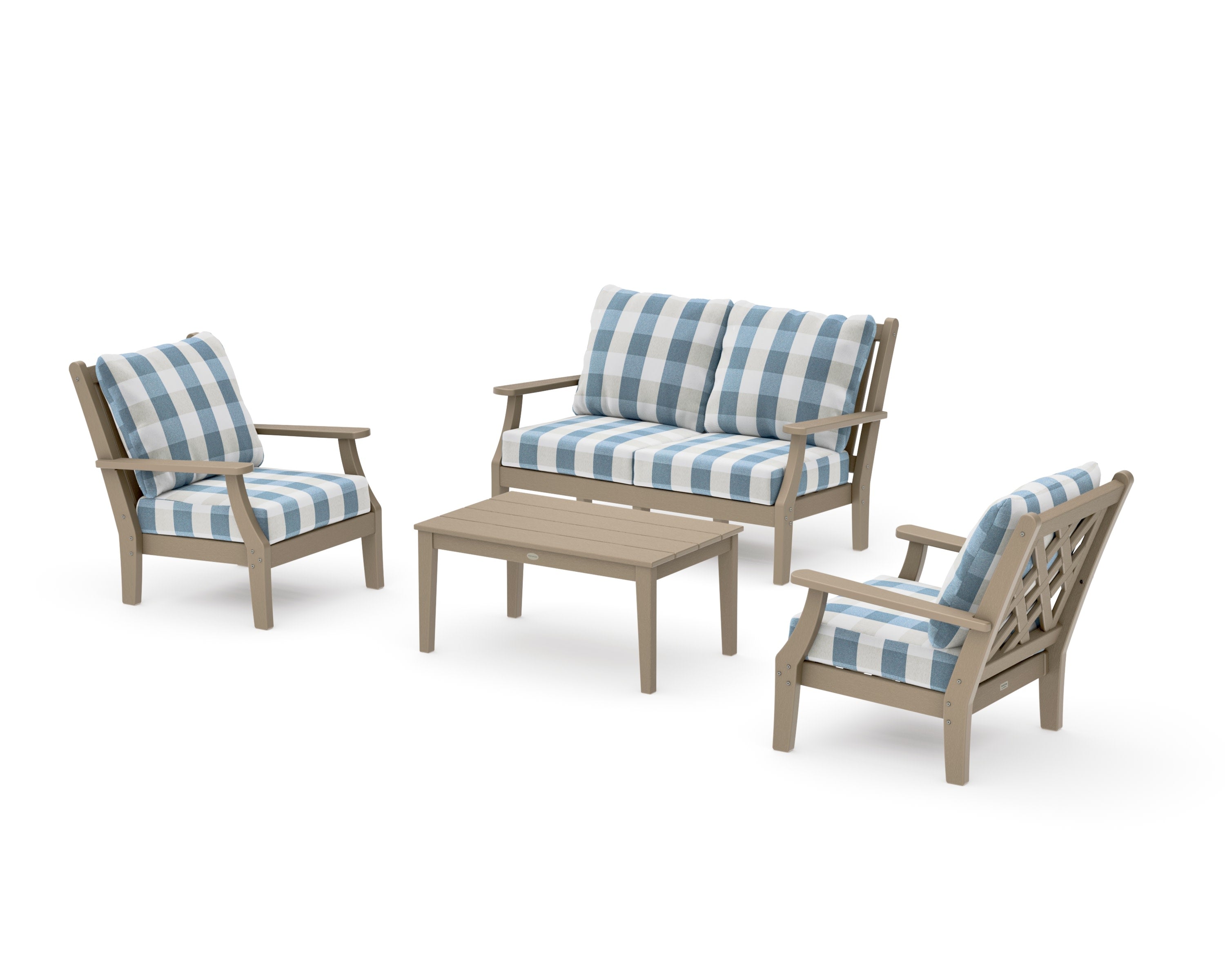 Wovendale 4-Piece Deep Seating Set with Loveseat in Vintage Sahara / Buffalo Plaid Sky Blue