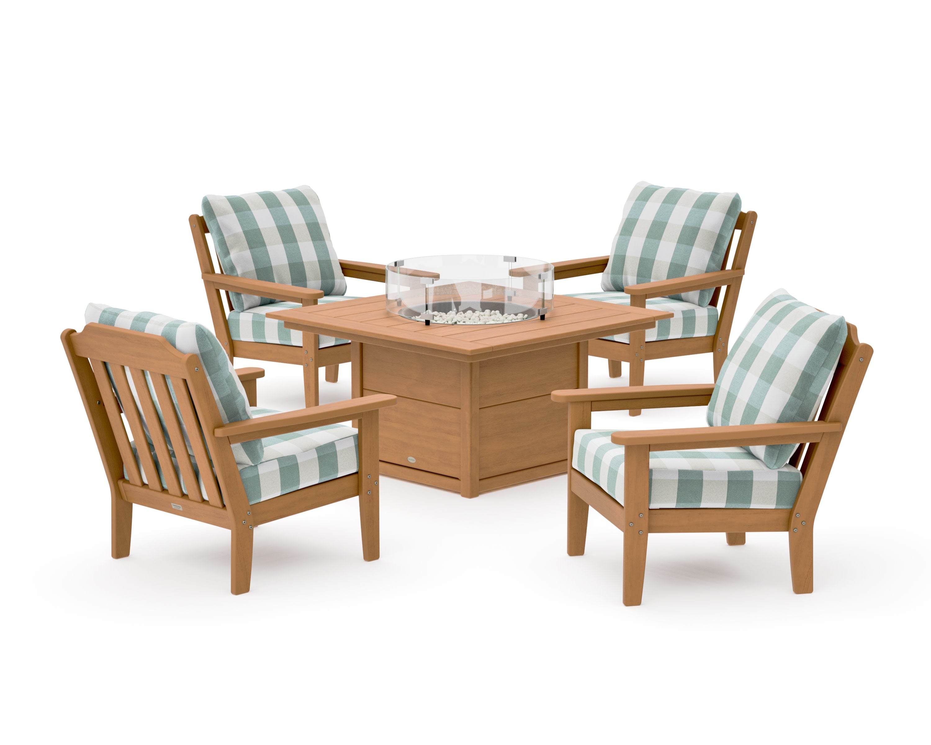 Cottage 5-Piece Deep Seating Set with Fire Pit Table in Natural / Buffalo Plaid Glacier Spa