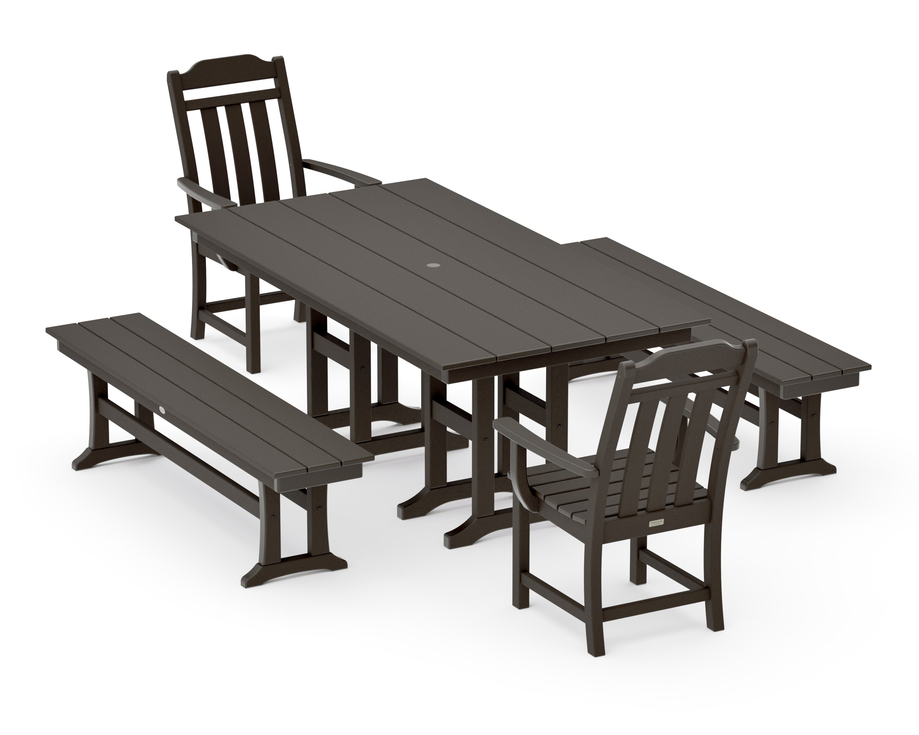 Cottage 5-Piece Farmhouse Dining Set with Benches in Vintage Coffee