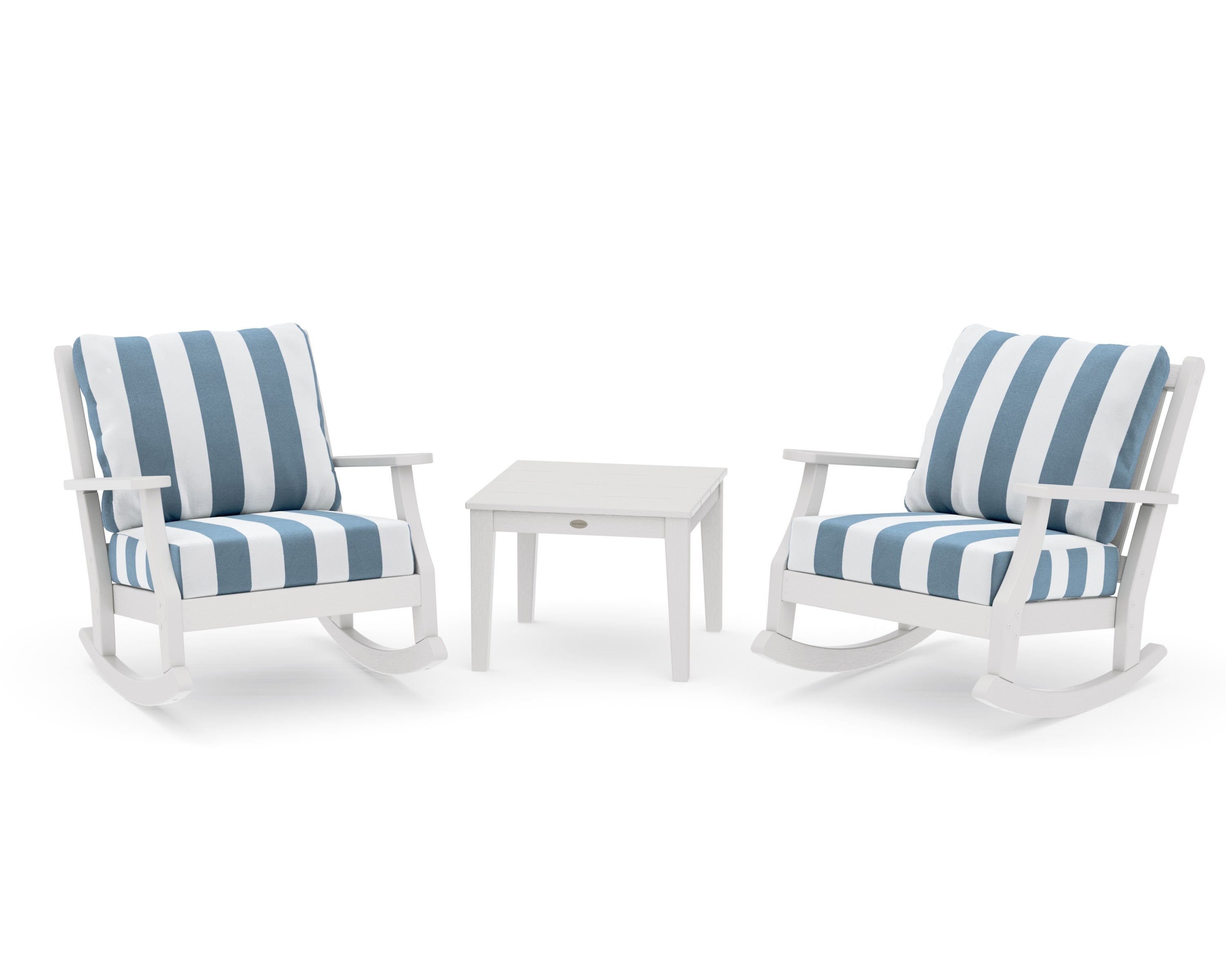 Wovendale 3-Piece Deep Seating Rocker Set in Vintage White / Cabana Stripe Sky Blue