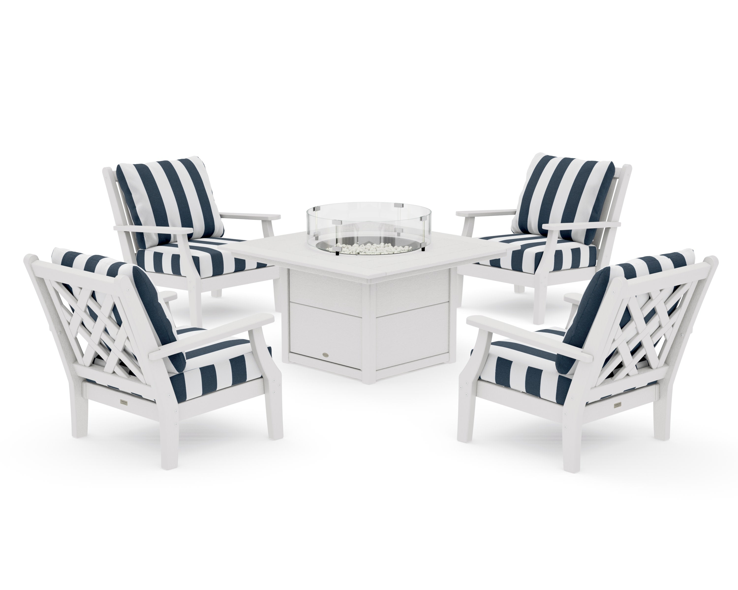 Wovendale 5-Piece Deep Seating Set with Fire Pit Table in Vintage White / Cabana Stripe Marine Indigo