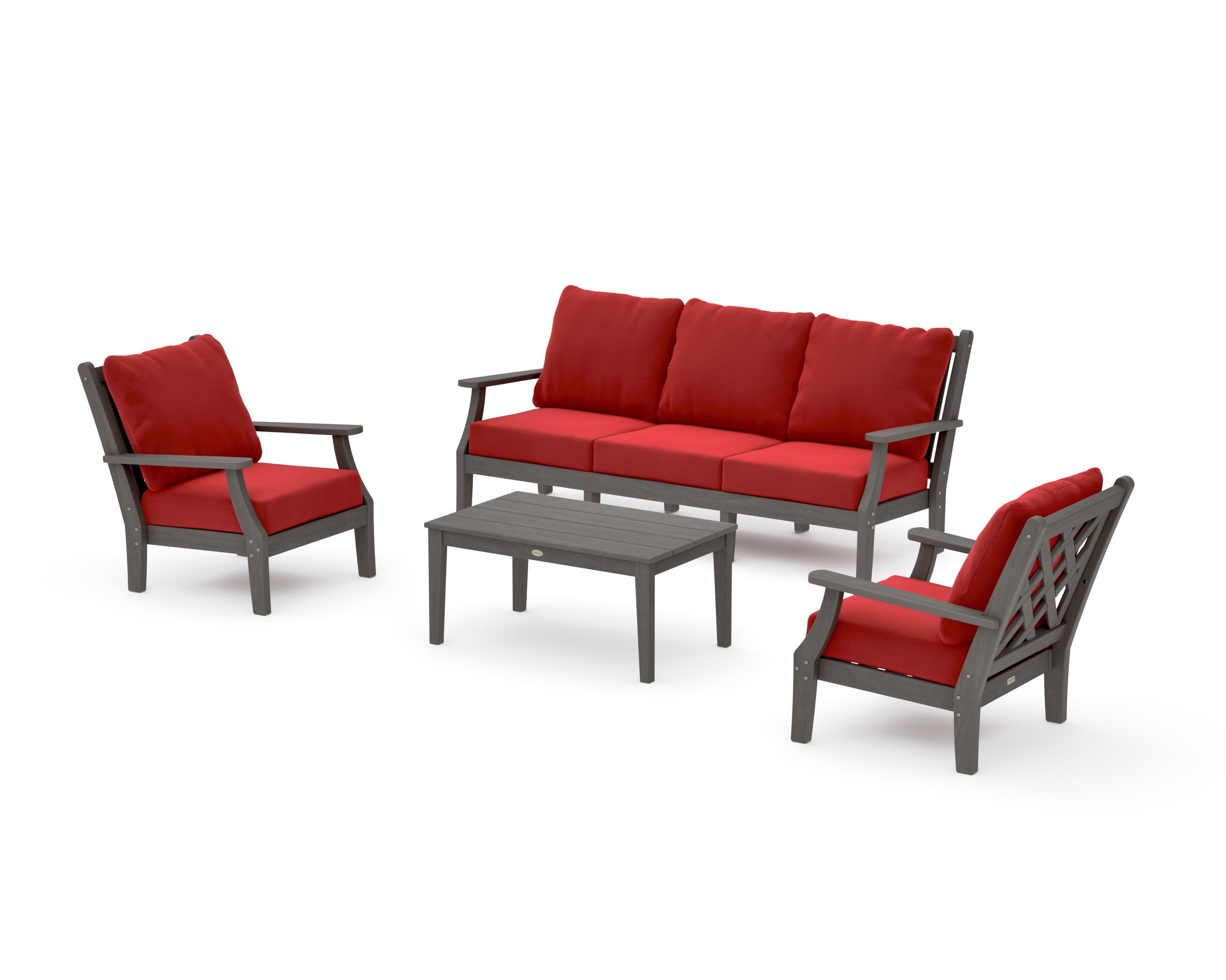 Wovendale 4-Piece Deep Seating Set with Sofa in Driftwood / Crimson Linen