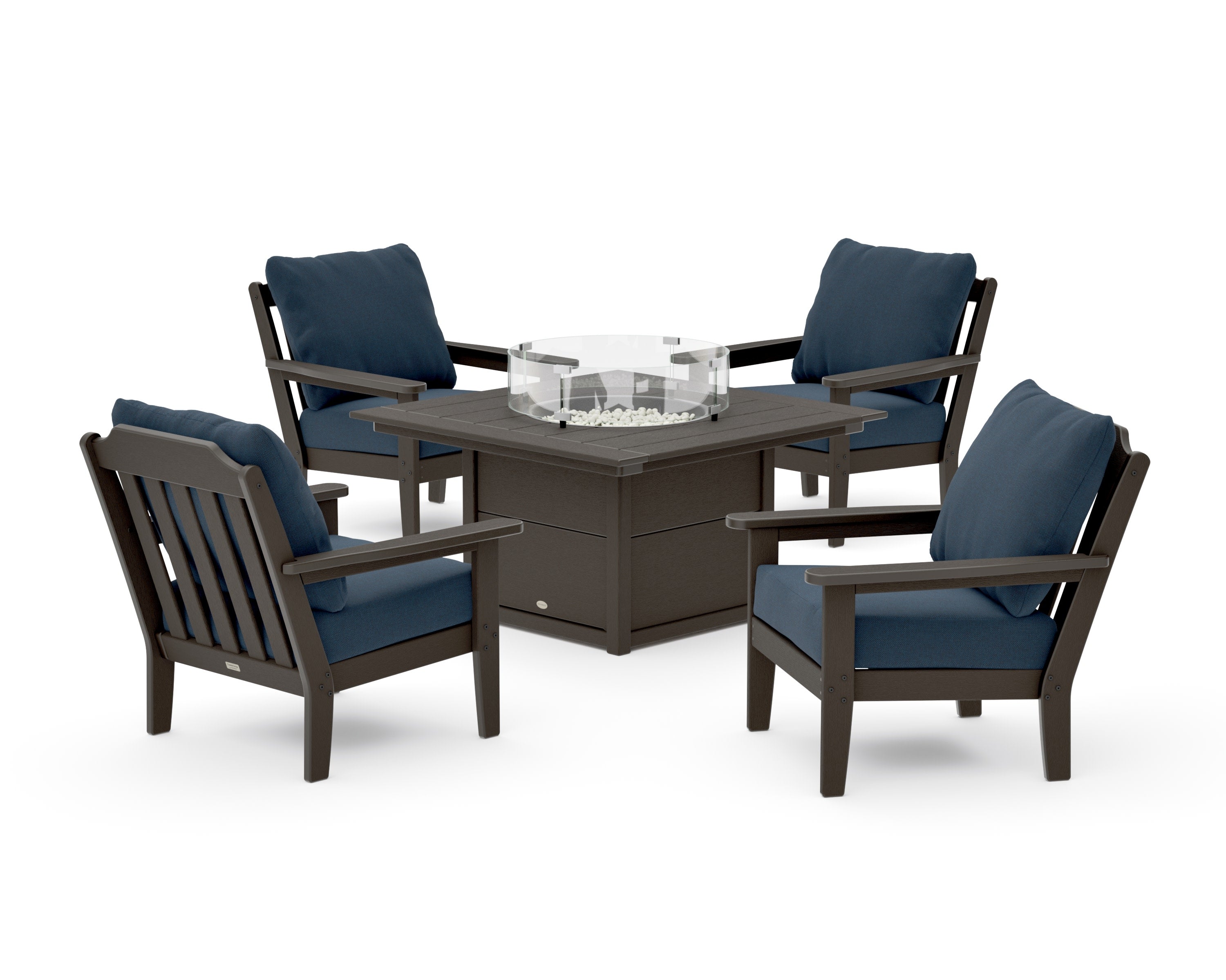 Cottage 5-Piece Deep Seating Set with Fire Pit Table in Vintage Coffee / Marine Indigo