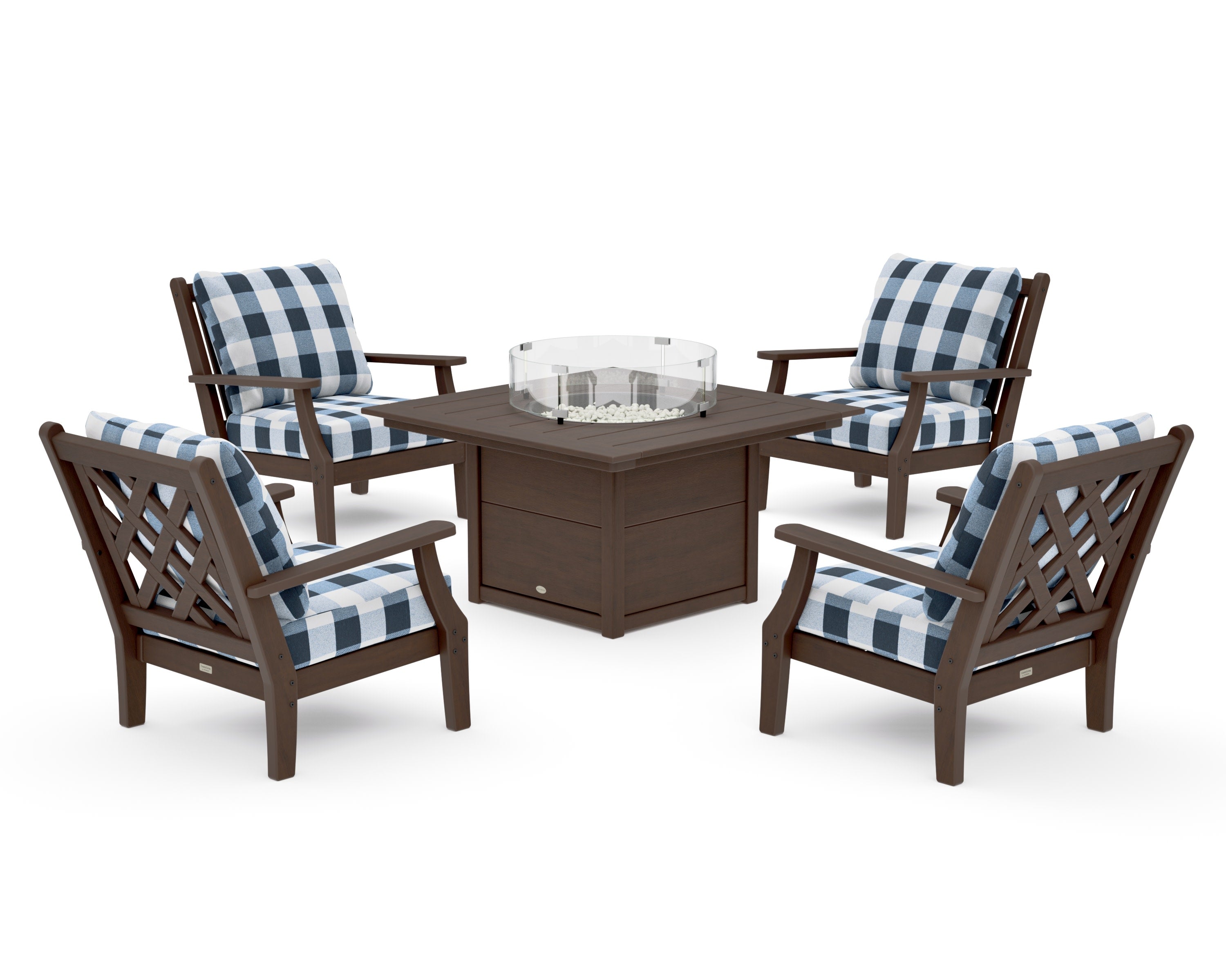 Wovendale 5-Piece Deep Seating Set with Fire Pit Table in Kona / Buffalo Plaid Marine Indigo