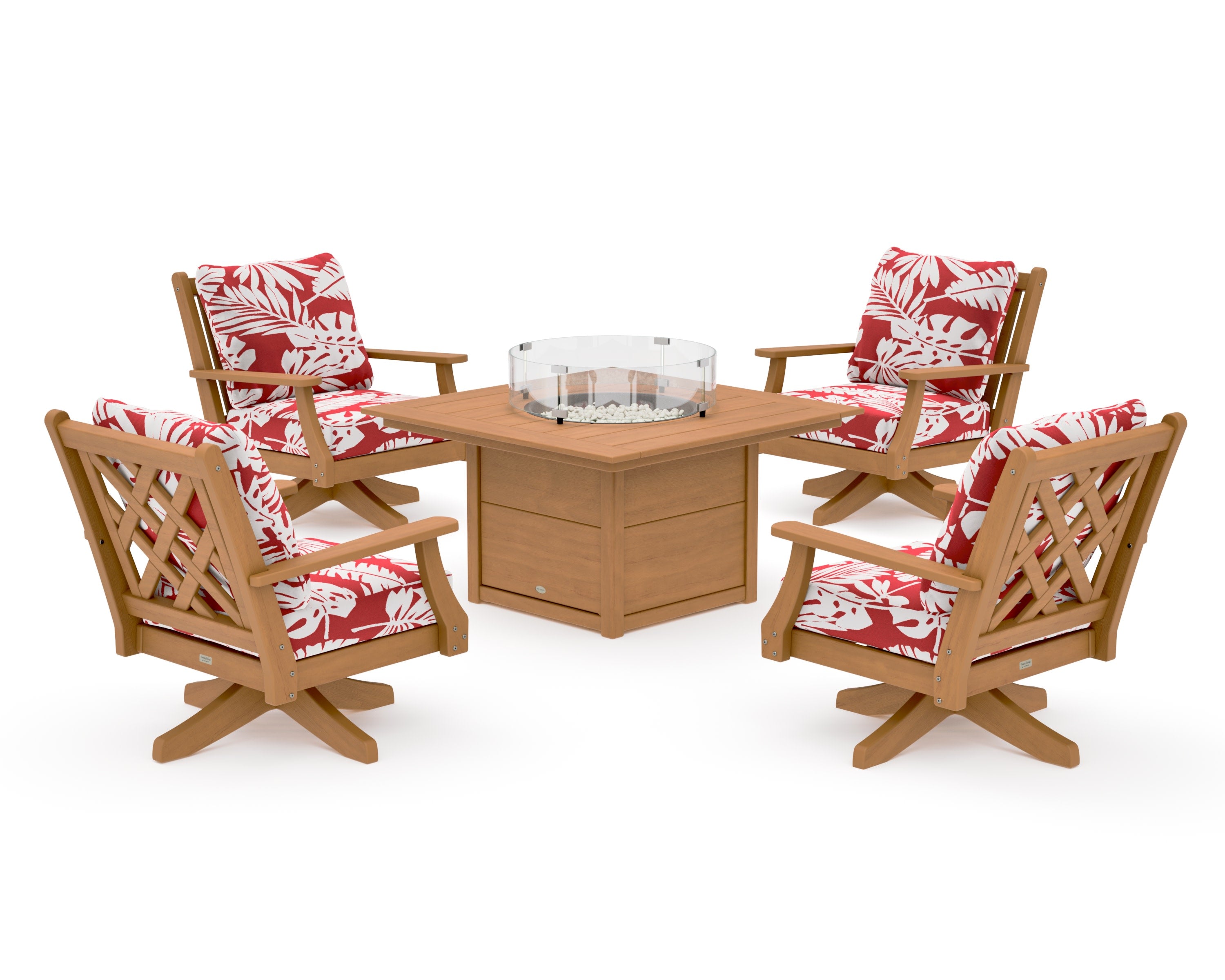 Wovendale 5-Piece Deep Seating Swivel Conversation Set with Fire Pit Table in Natural / Leaf Crimson