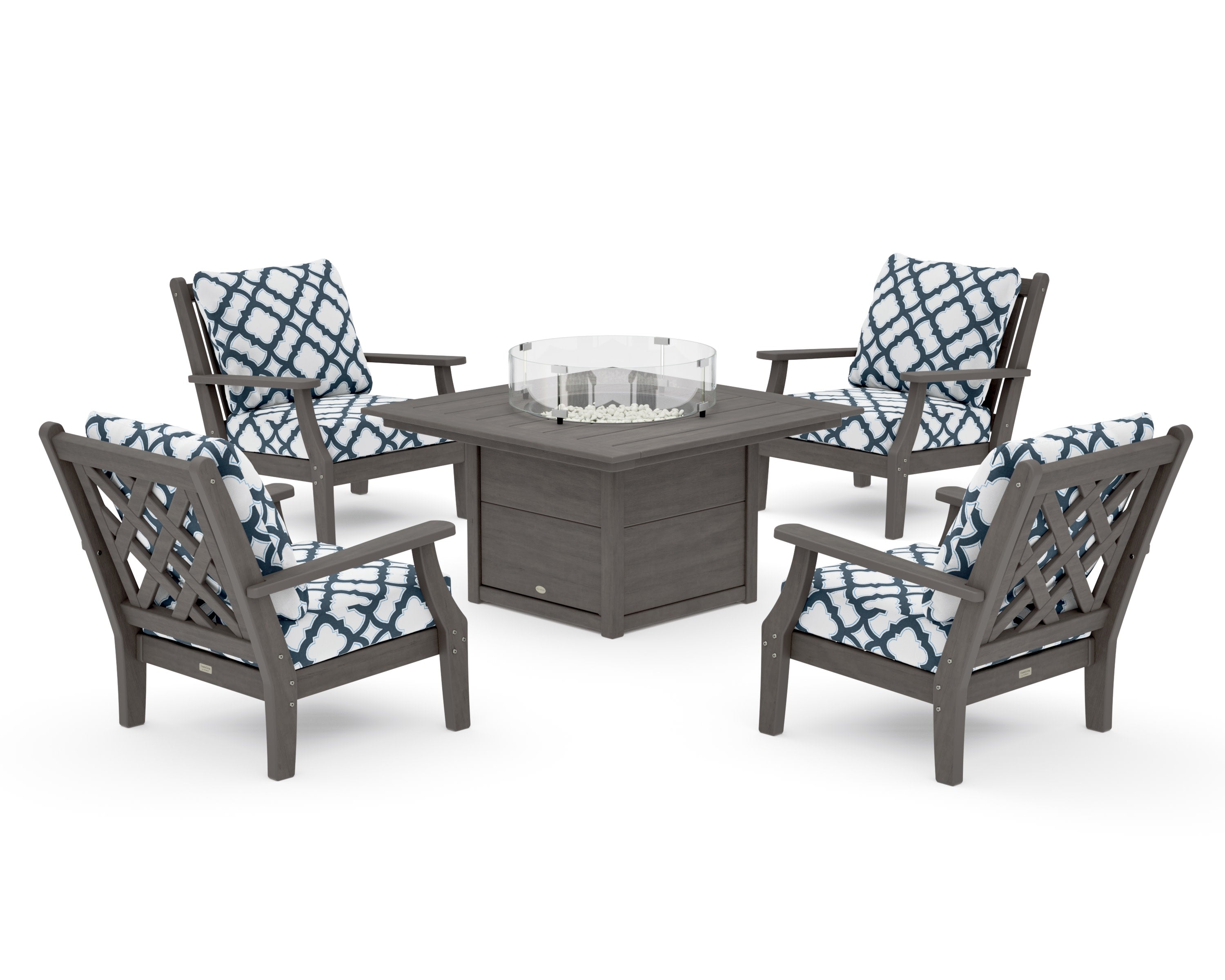 Wovendale 5-Piece Deep Seating Set with Fire Pit Table in Driftwood / Trellis Marine Indigo