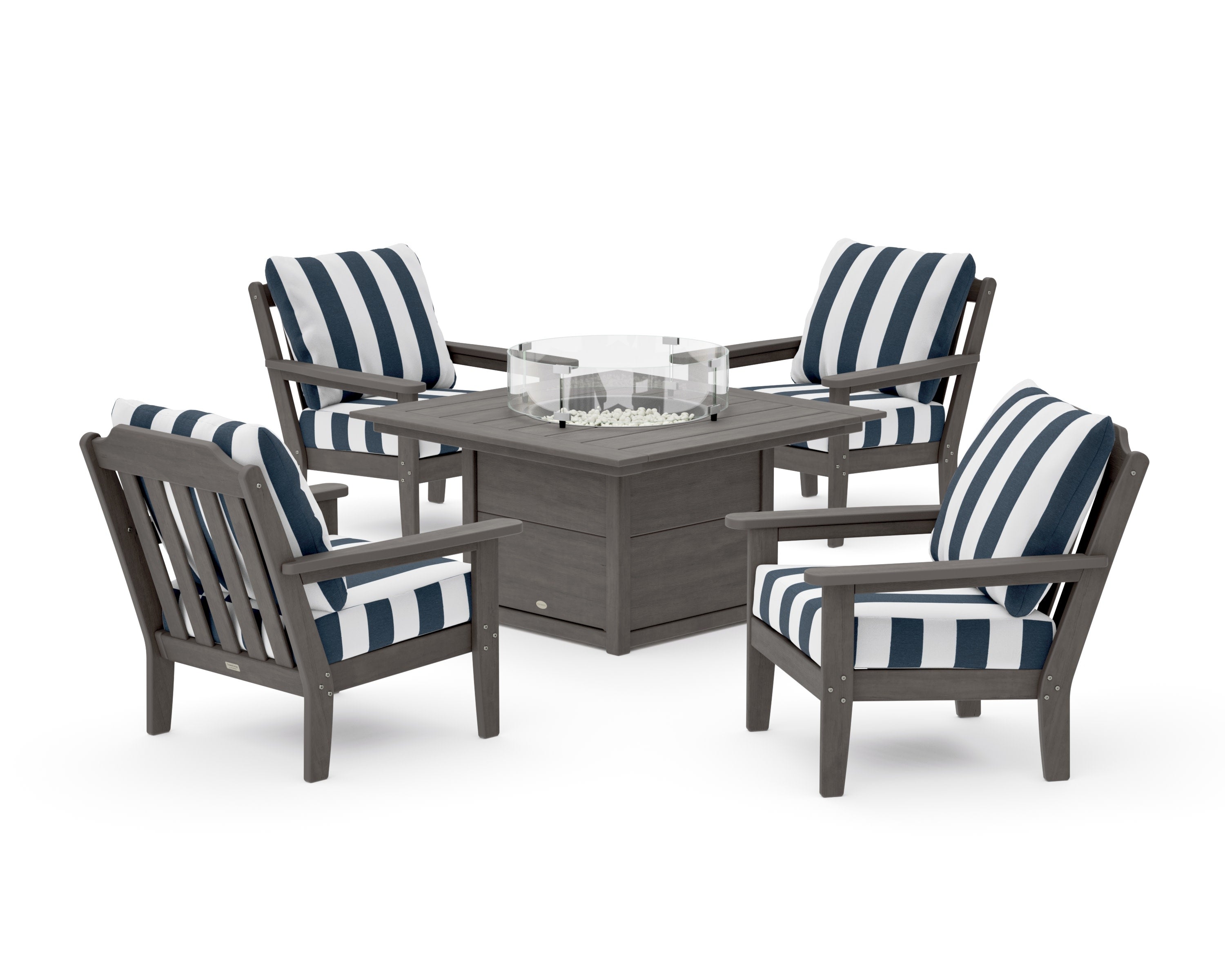 Cottage 5-Piece Deep Seating Set with Fire Pit Table in Driftwood / Cabana Stripe Marine Indigo