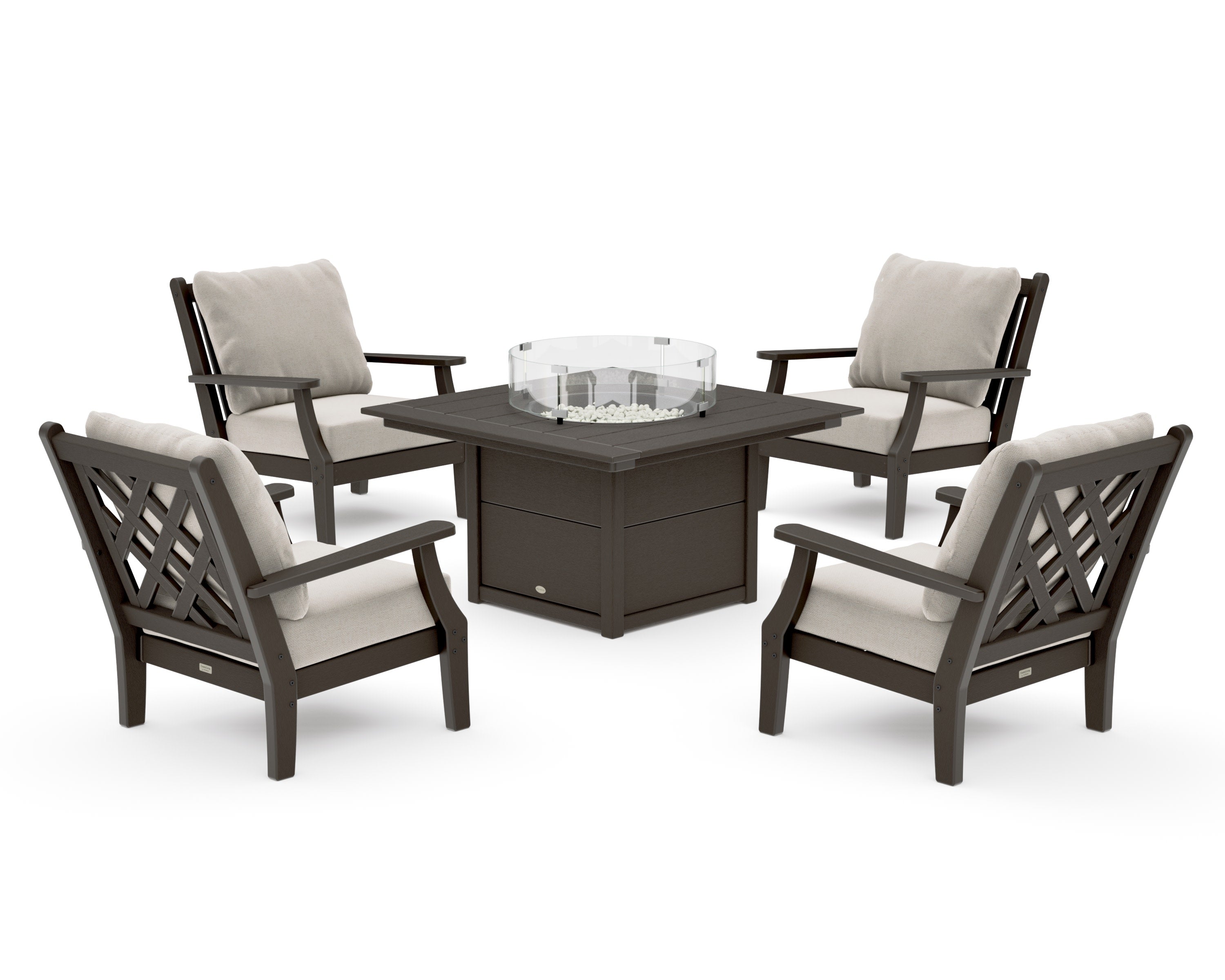 Wovendale 5-Piece Deep Seating Set with Fire Pit Table in Vintage Coffee / Dune Burlap