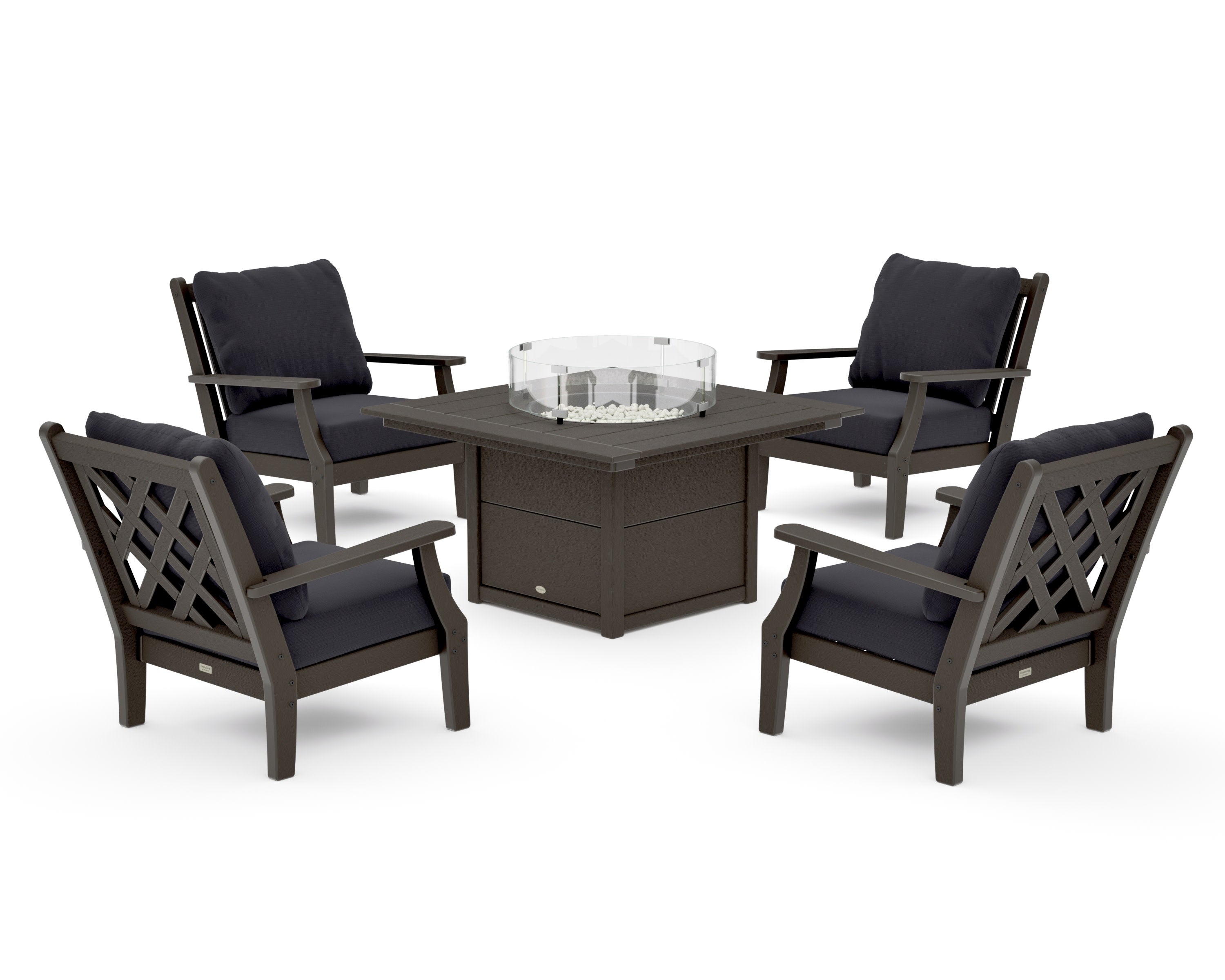Wovendale 5-Piece Deep Seating Set with Fire Pit Table in Vintage Coffee / Midnight Linen