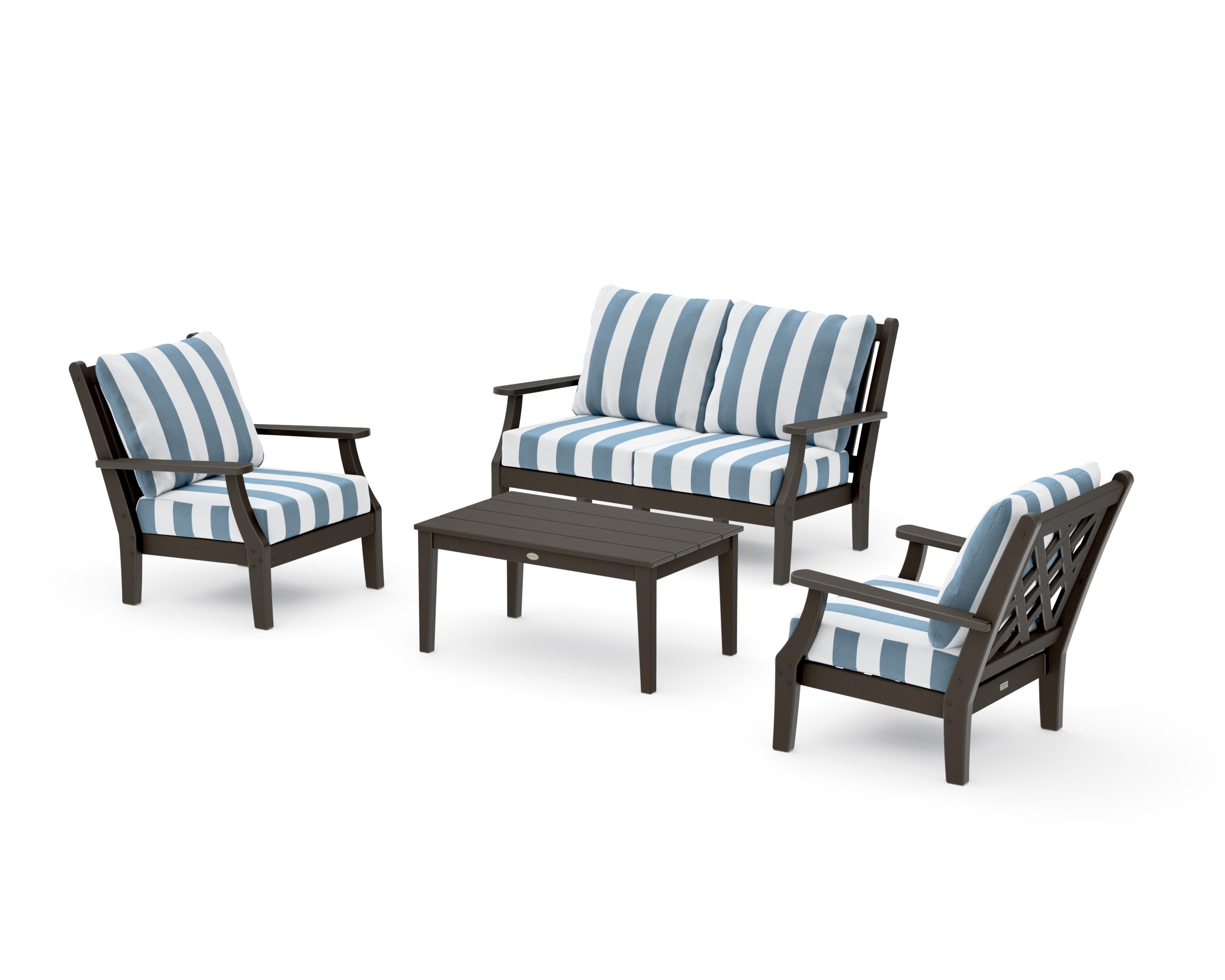 Wovendale 4-Piece Deep Seating Set with Loveseat in Vintage Coffee / Cabana Stripe Sky Blue