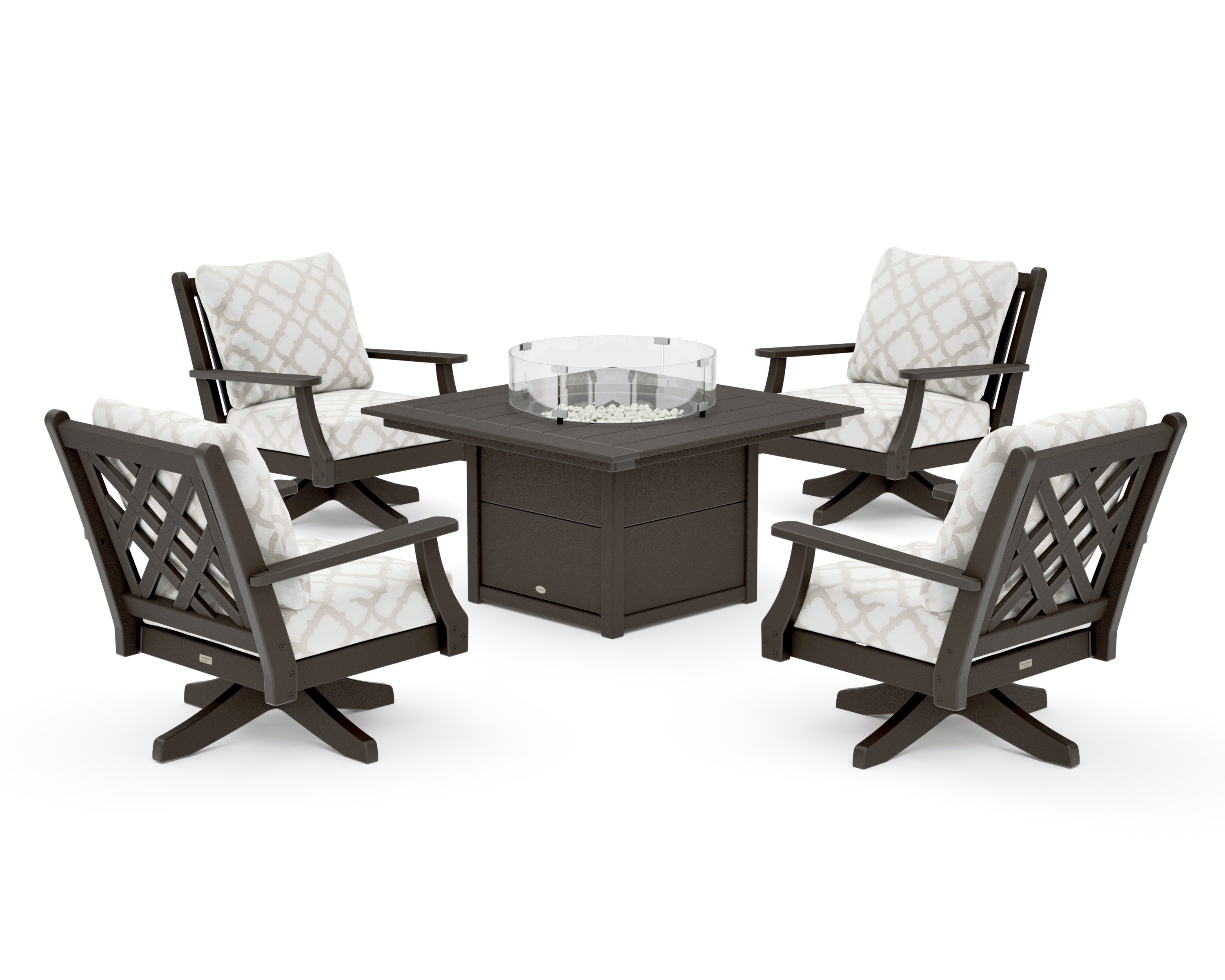 Wovendale 5-Piece Deep Seating Swivel Conversation Set with Fire Pit Table in Vintage Coffee / Trellis Dune Burlap