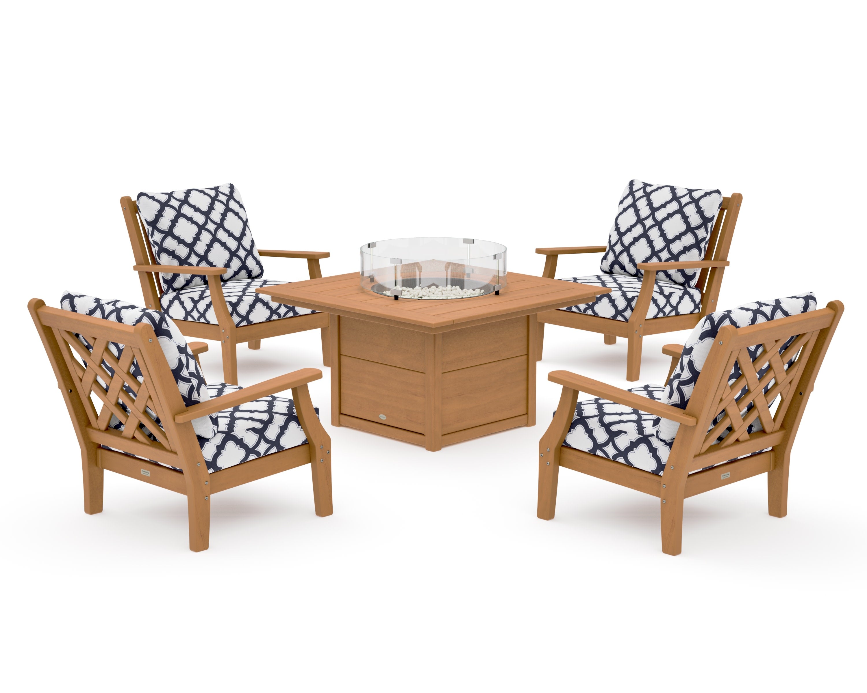 Wovendale 5-Piece Deep Seating Set with Fire Pit Table in Natural / Trellis Navy