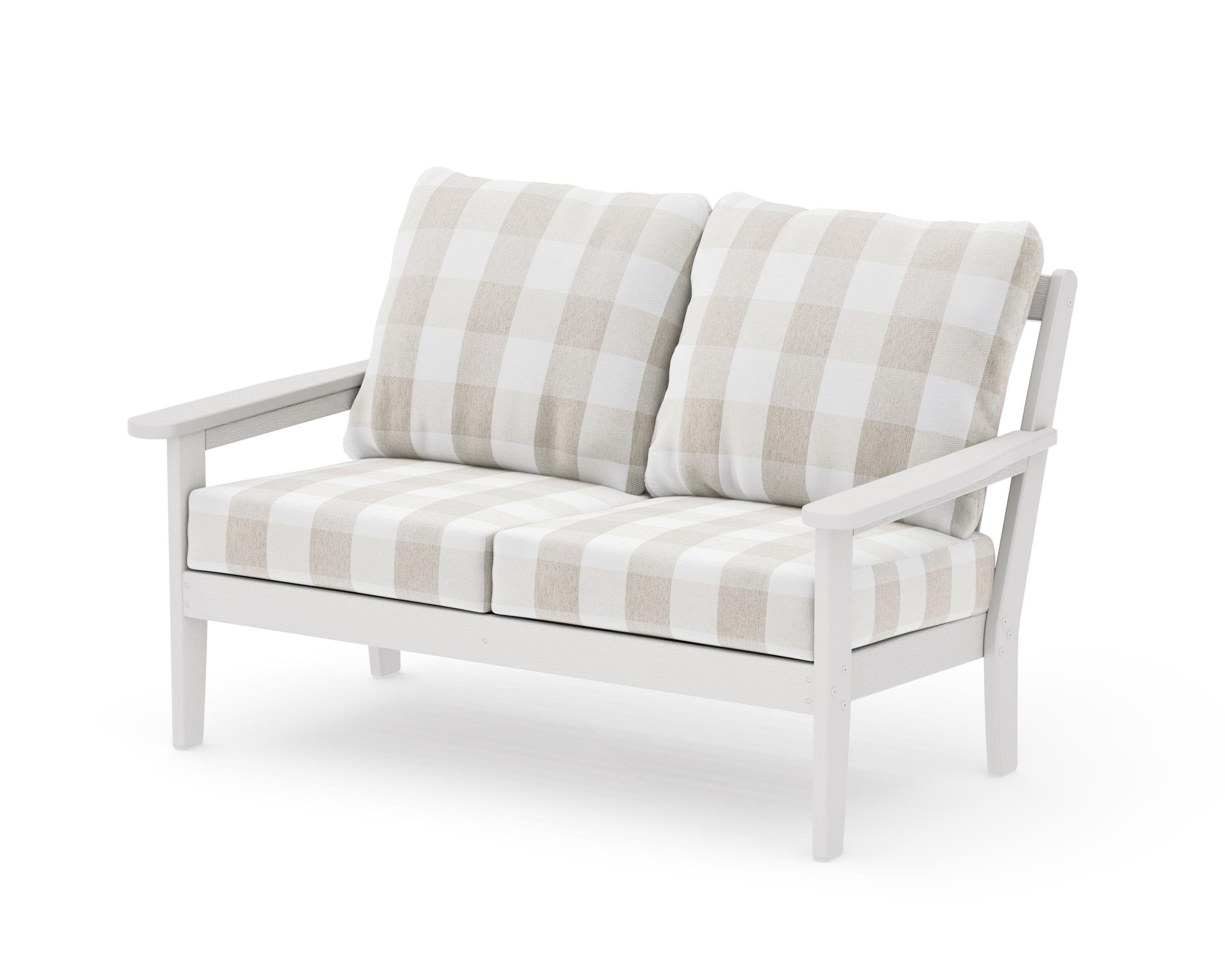 Cottage Deep Seating Loveseat in Vintage White / Buffalo Plaid Dune Burlap