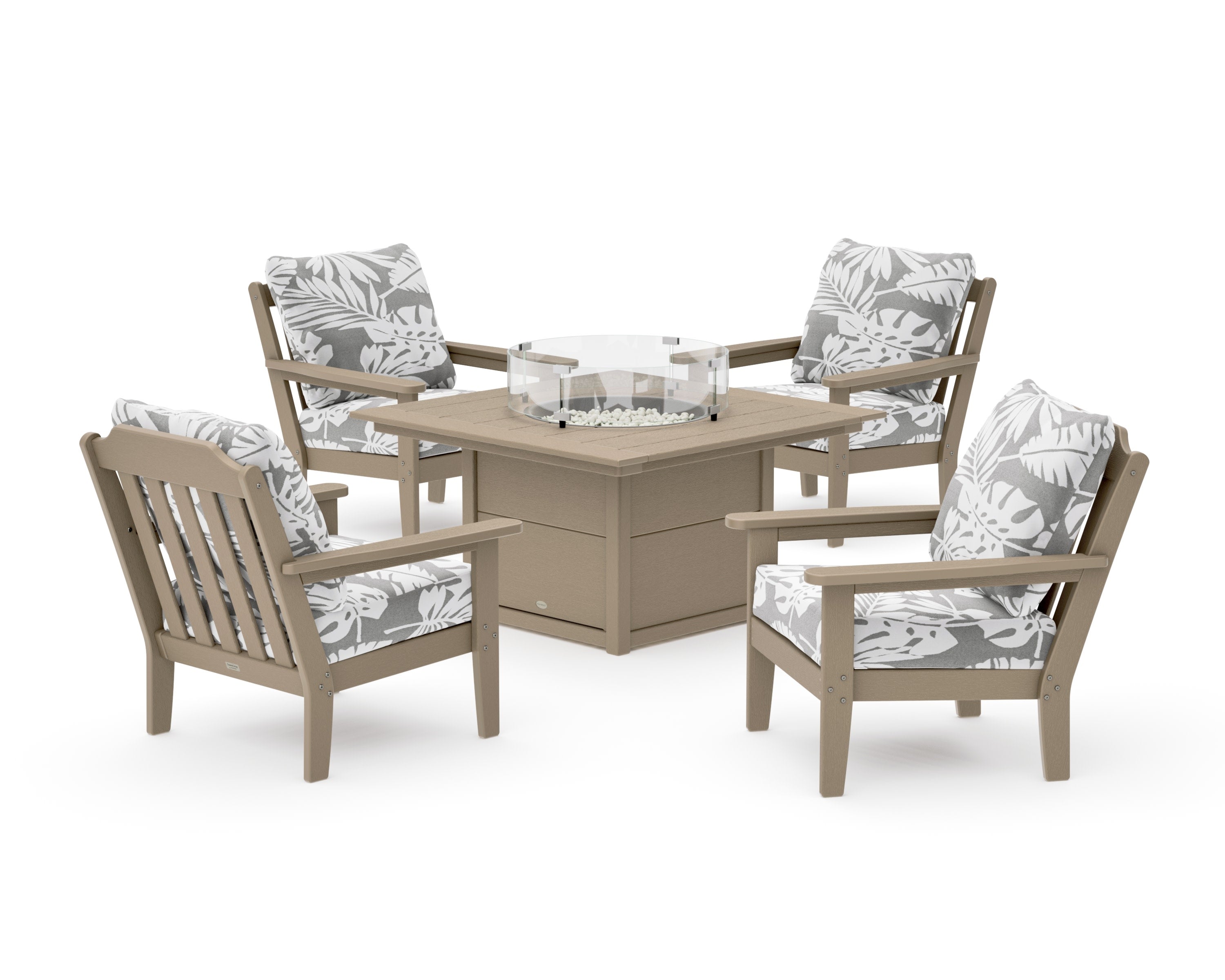 Cottage 5-Piece Deep Seating Set with Fire Pit Table in Vintage Sahara / Leaf Grey Mist
