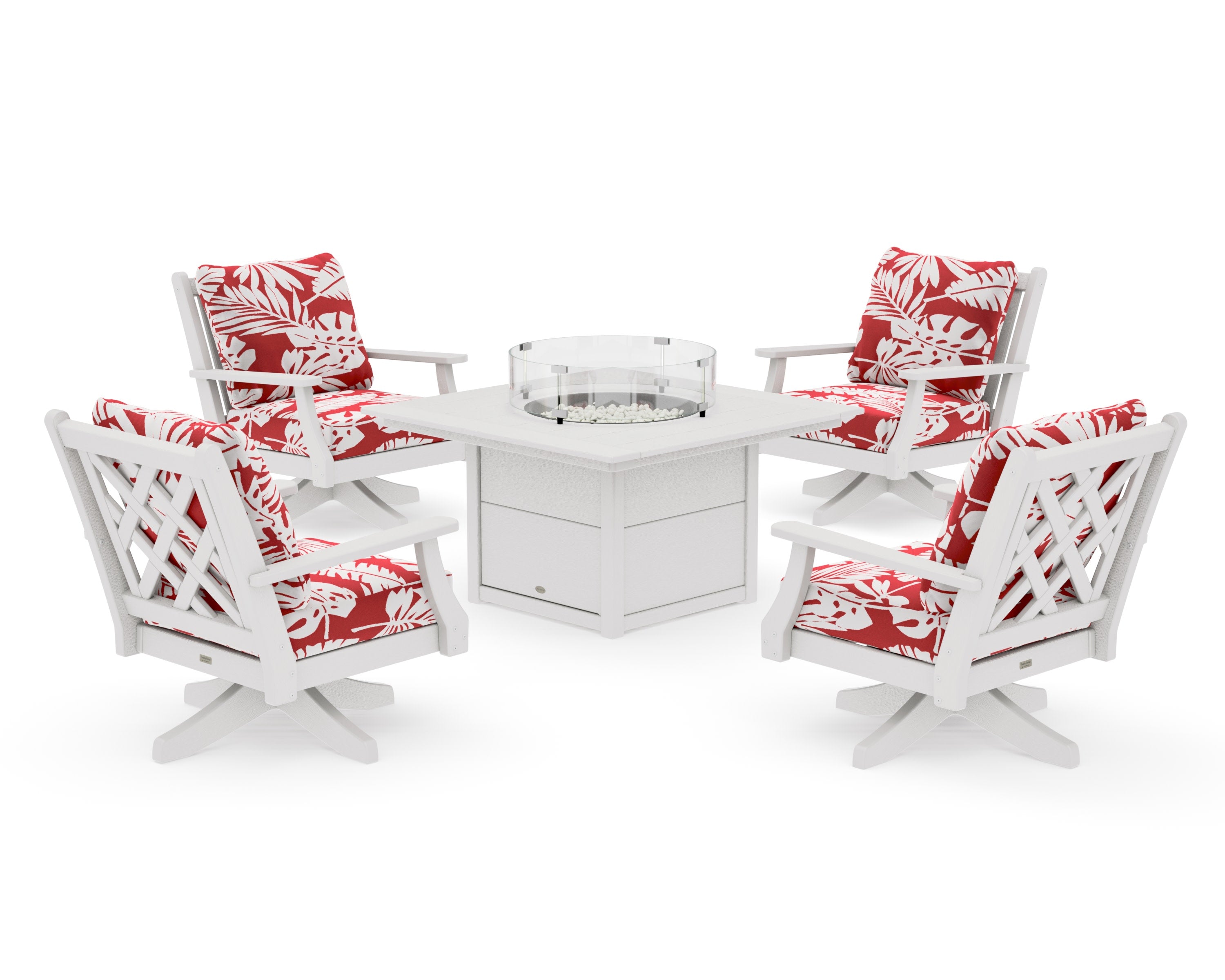 Wovendale 5-Piece Deep Seating Swivel Conversation Set with Fire Pit Table in Vintage White / Leaf Crimson