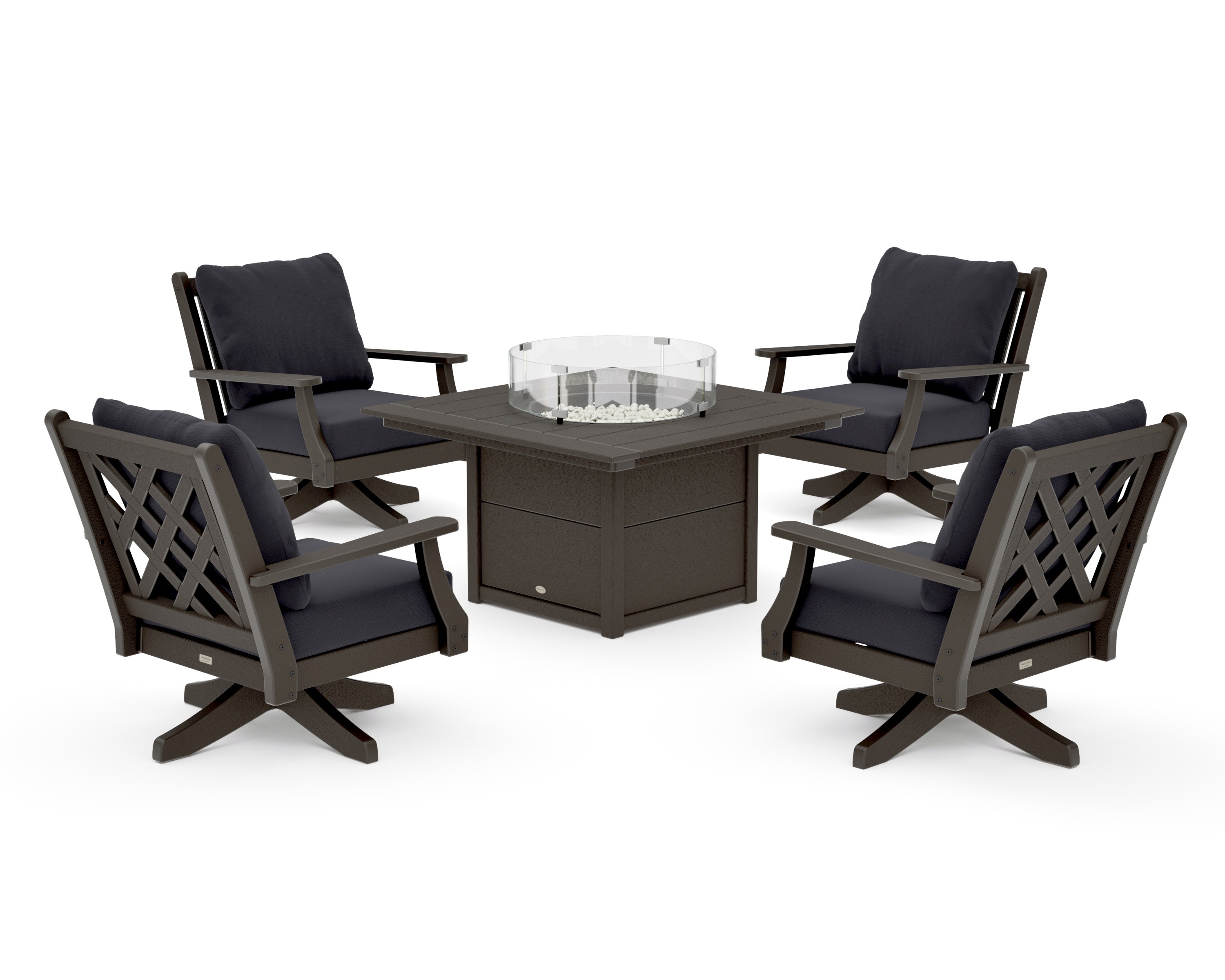 Wovendale 5-Piece Deep Seating Swivel Conversation Set with Fire Pit Table in Vintage Coffee / Midnight Linen