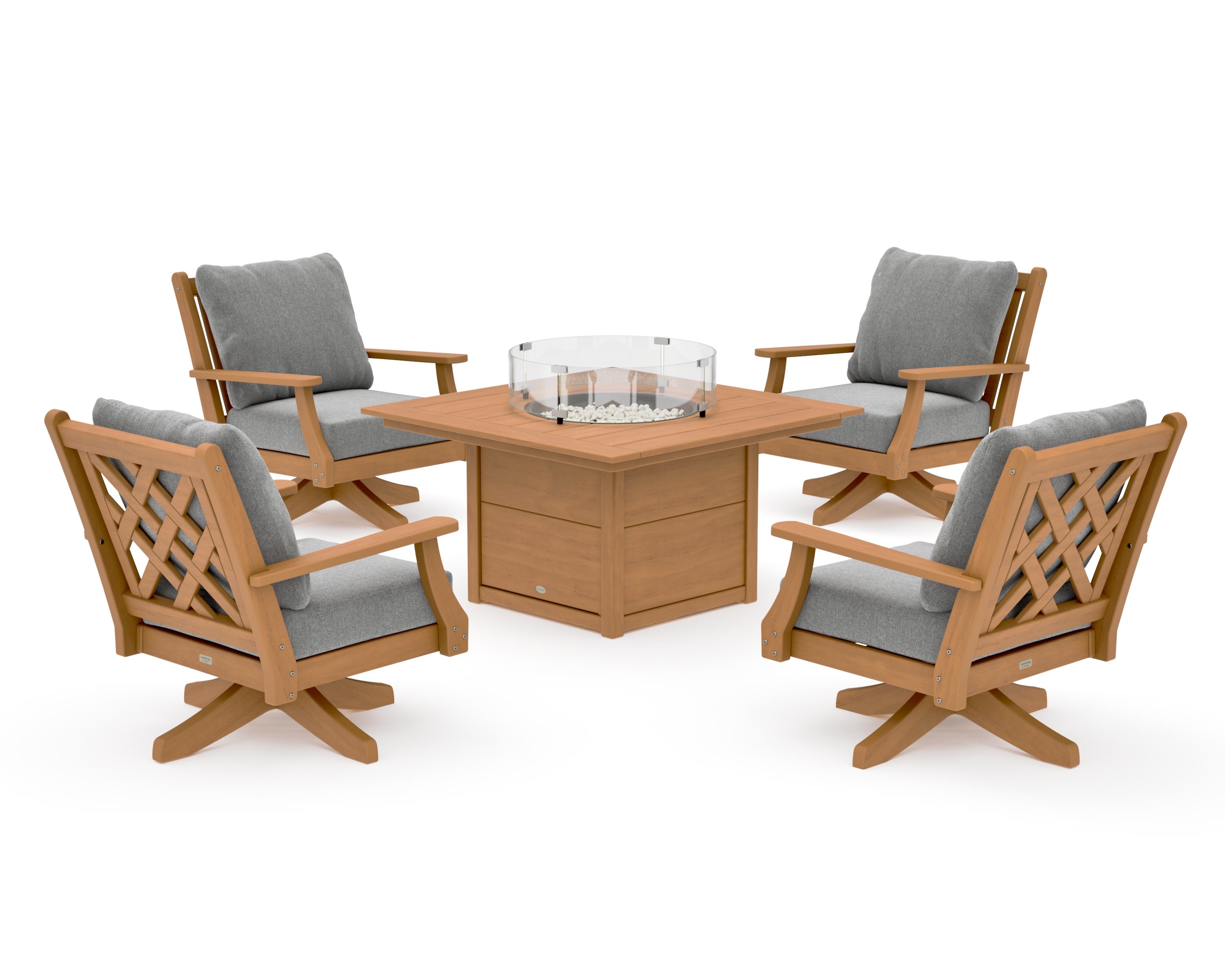 Wovendale 5-Piece Deep Seating Swivel Conversation Set with Fire Pit Table in Natural / Grey Mist