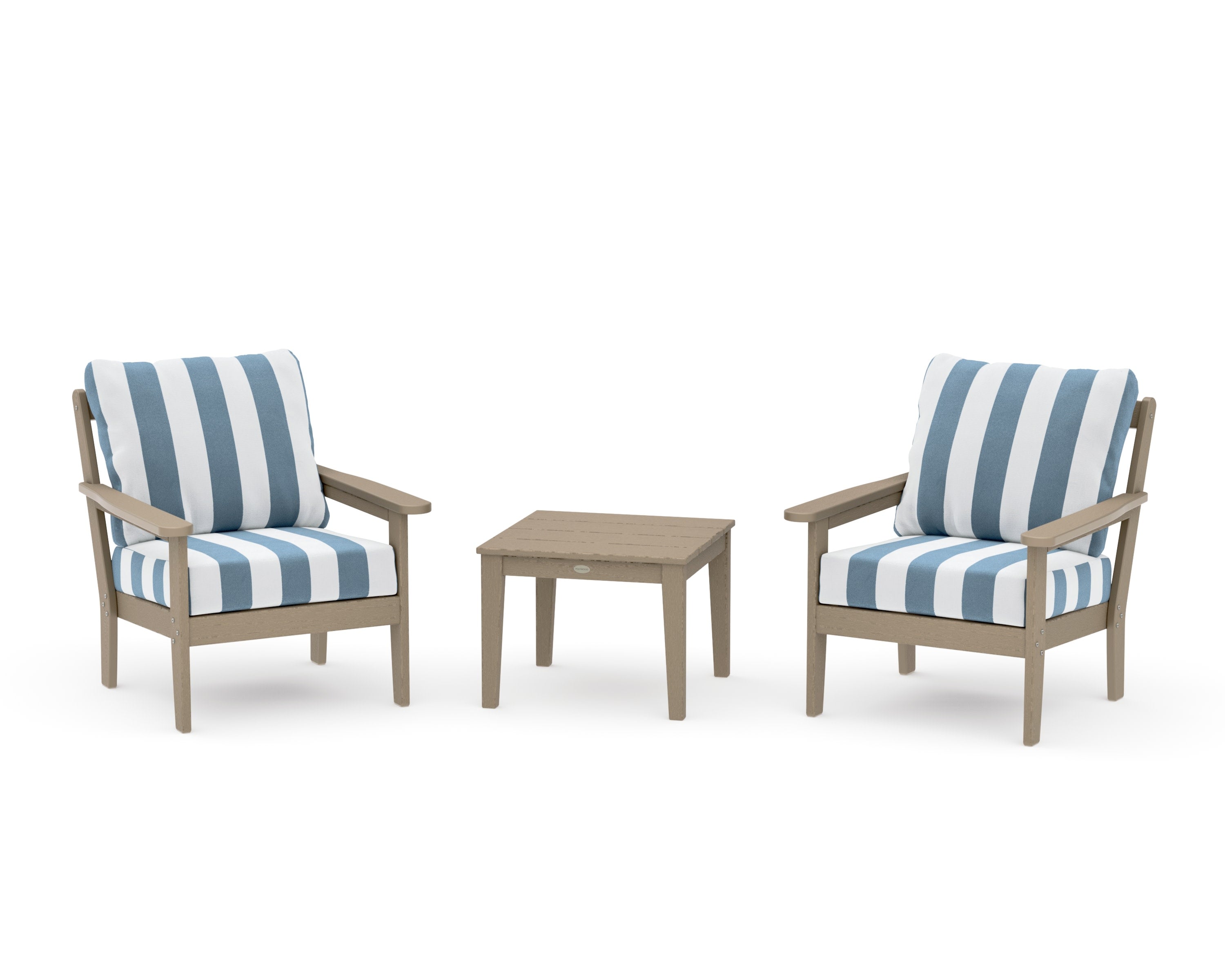 Cottage 3-Piece Deep Seating Set in Vintage Sahara / Cabana Stripe Sky Blue