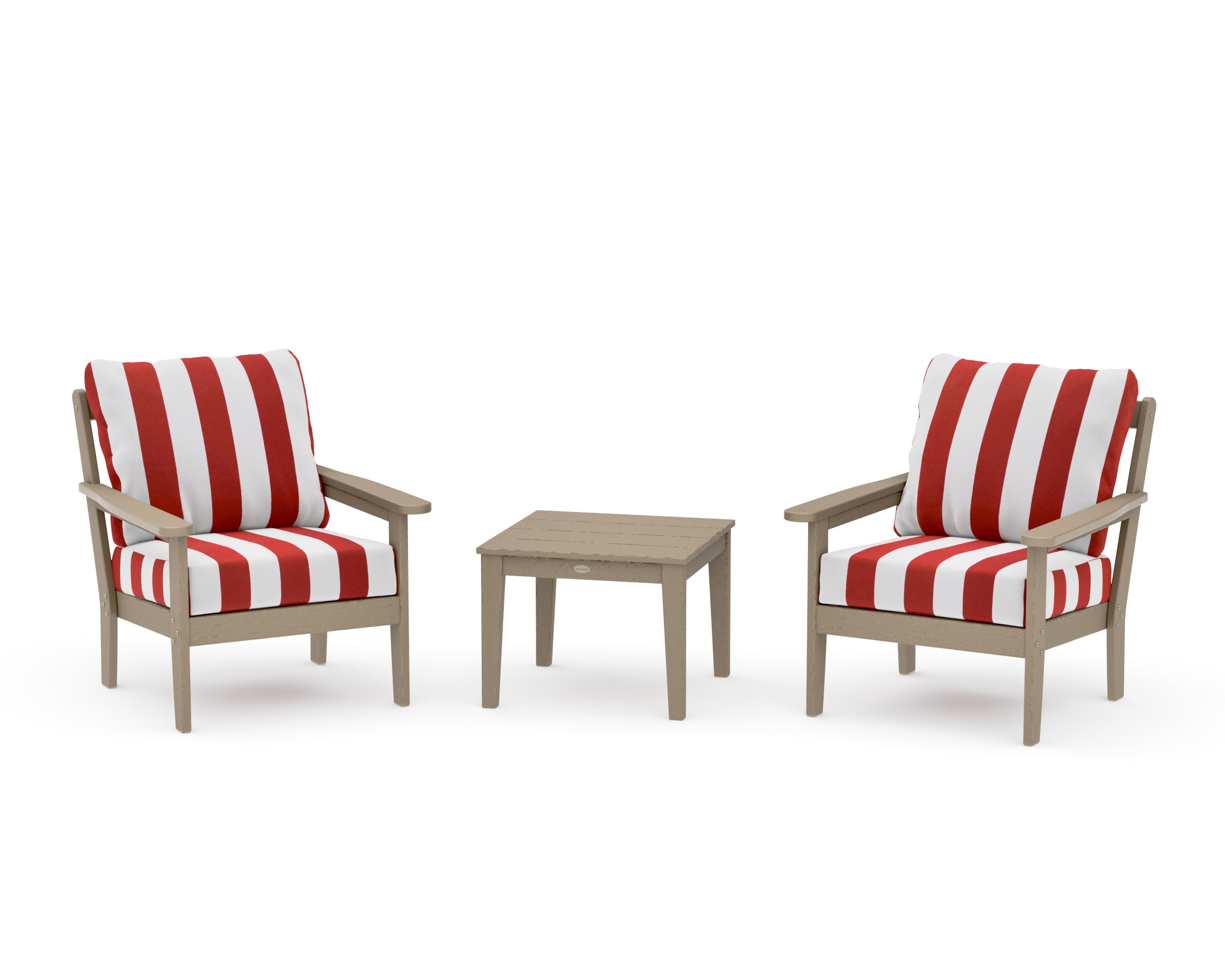 Cottage 3-Piece Deep Seating Set in Vintage Sahara / Cabana Stripe Crimson