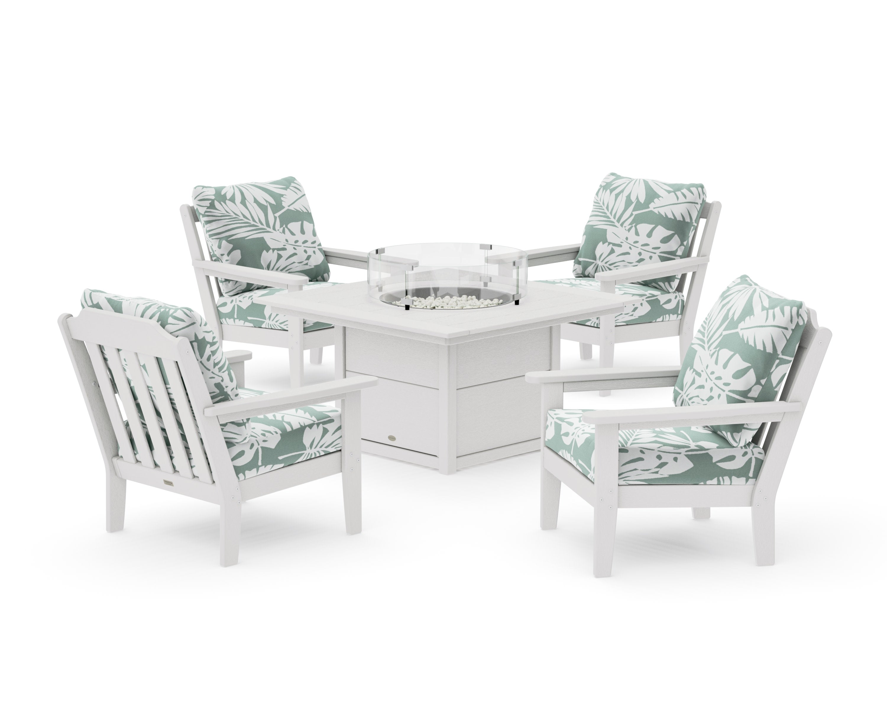 Cottage 5-Piece Deep Seating Set with Fire Pit Table in Vintage White / Leaf Glacier Spa