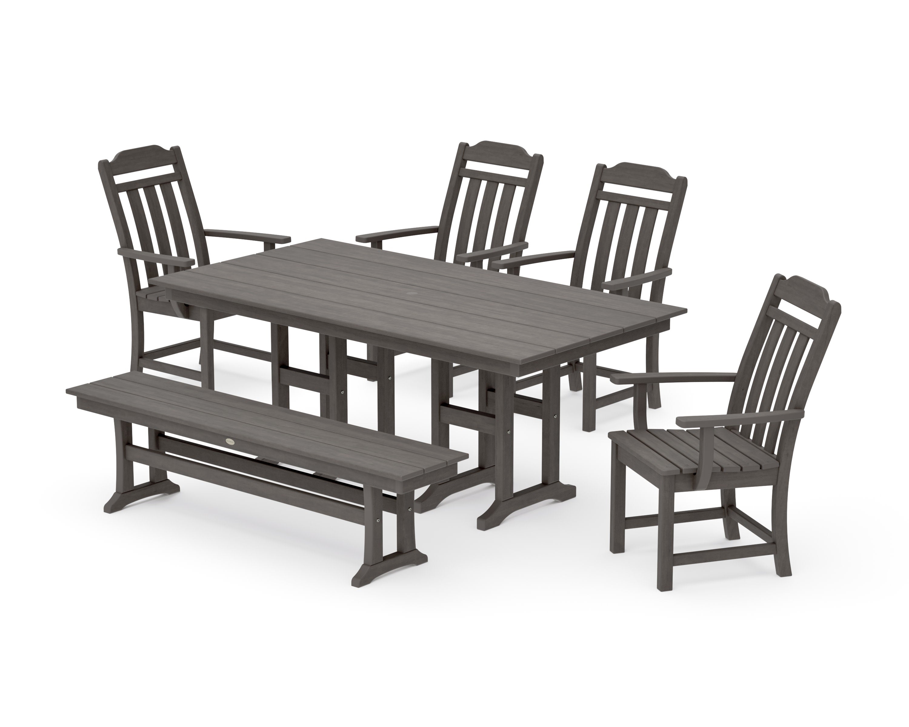 Cottage 6-Piece Farmhouse Dining Set with Bench in Driftwood