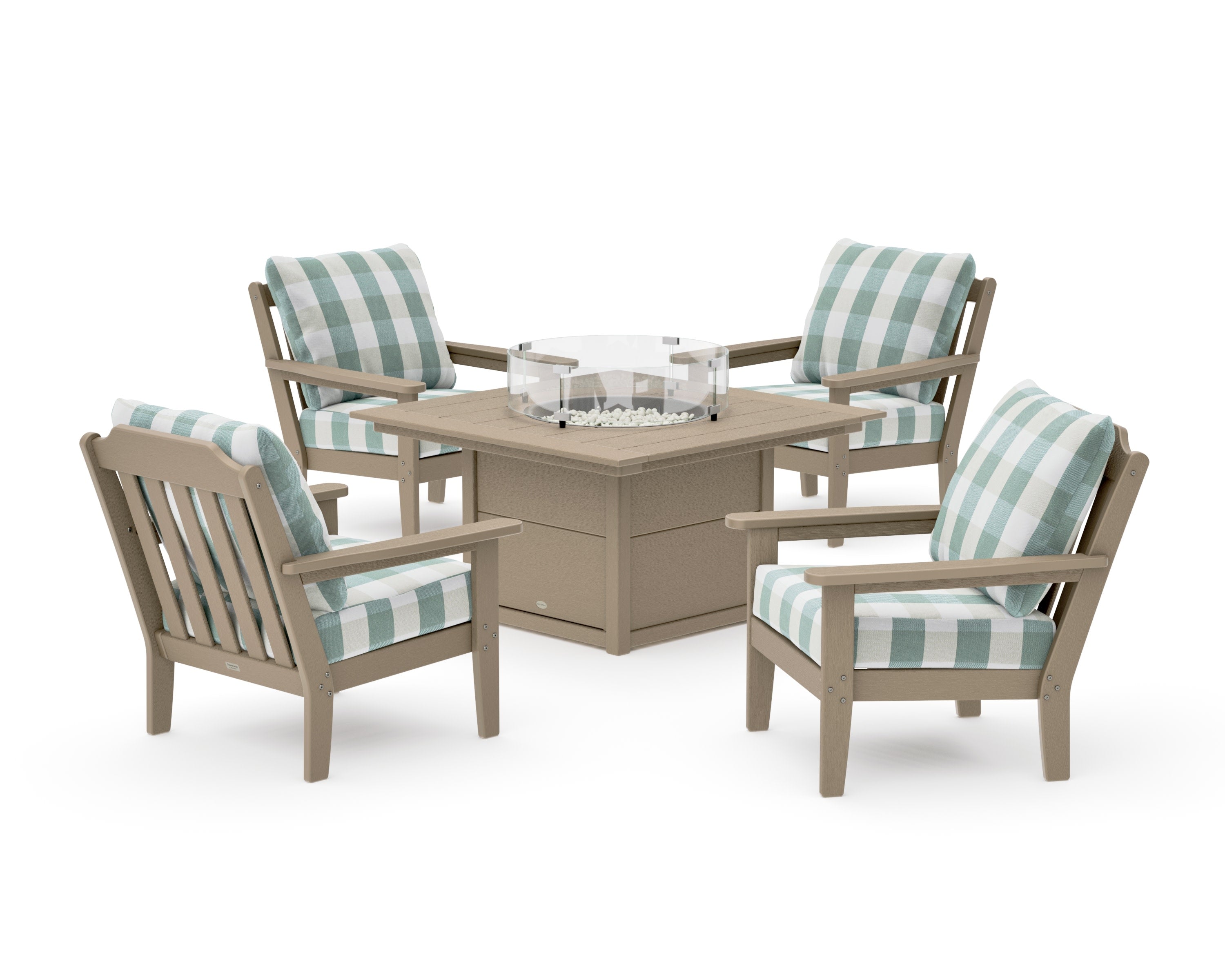 Cottage 5-Piece Deep Seating Set with Fire Pit Table in Vintage Sahara / Buffalo Plaid Glacier Spa