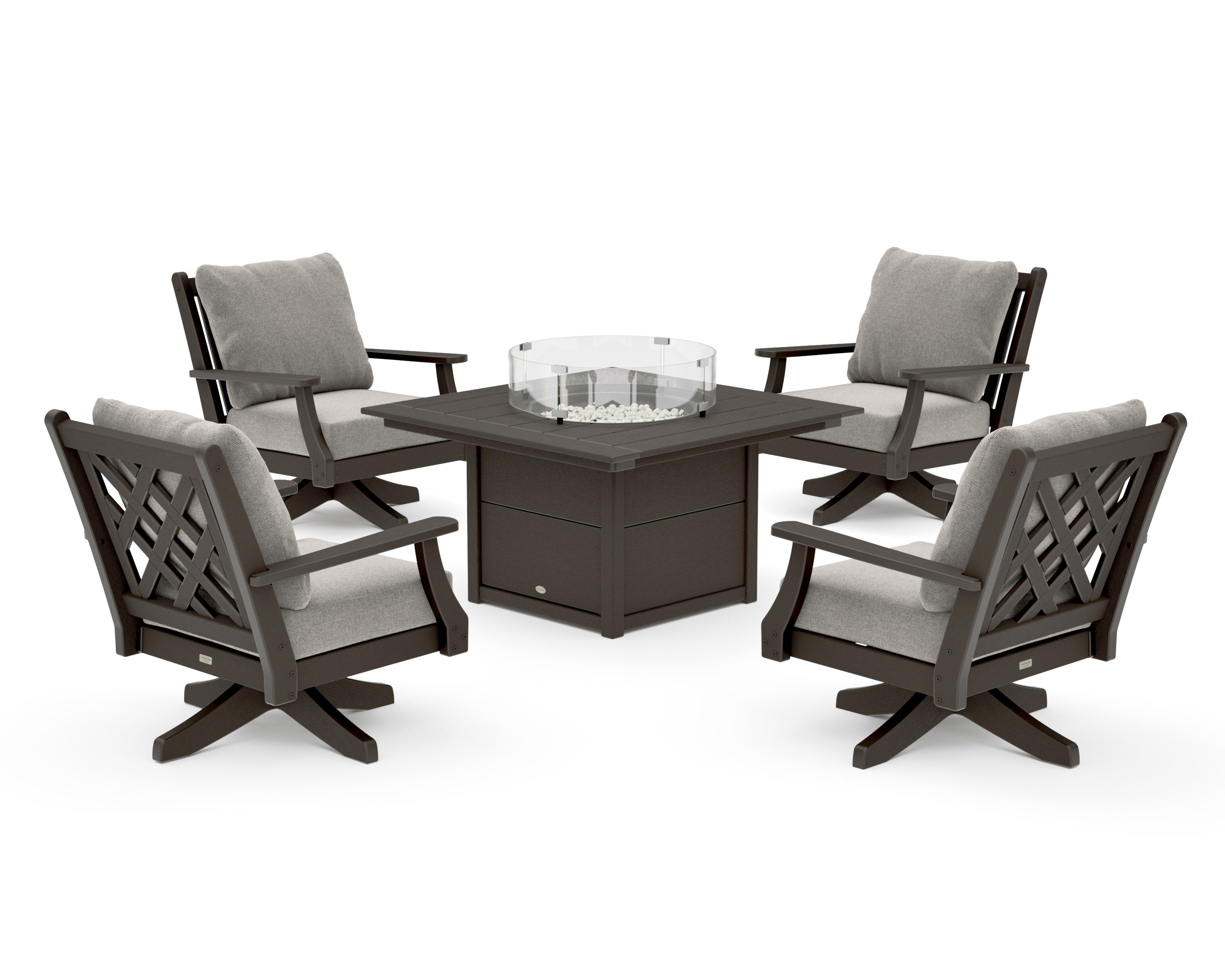 Wovendale 5-Piece Deep Seating Swivel Conversation Set with Fire Pit Table in Vintage Coffee / Weathered Tweed