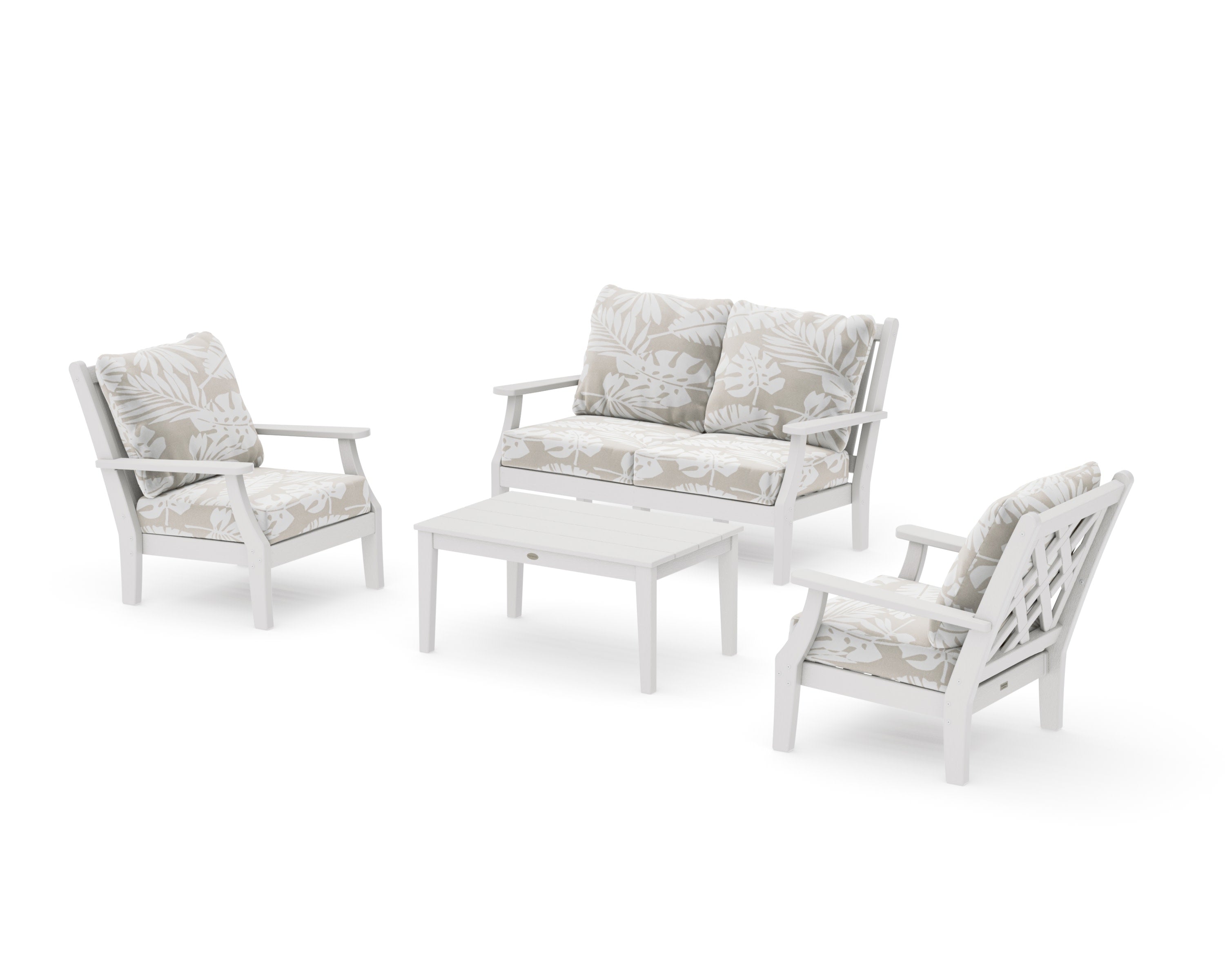 Wovendale 4-Piece Deep Seating Set with Loveseat in Vintage White / Leaf Dune Burlap