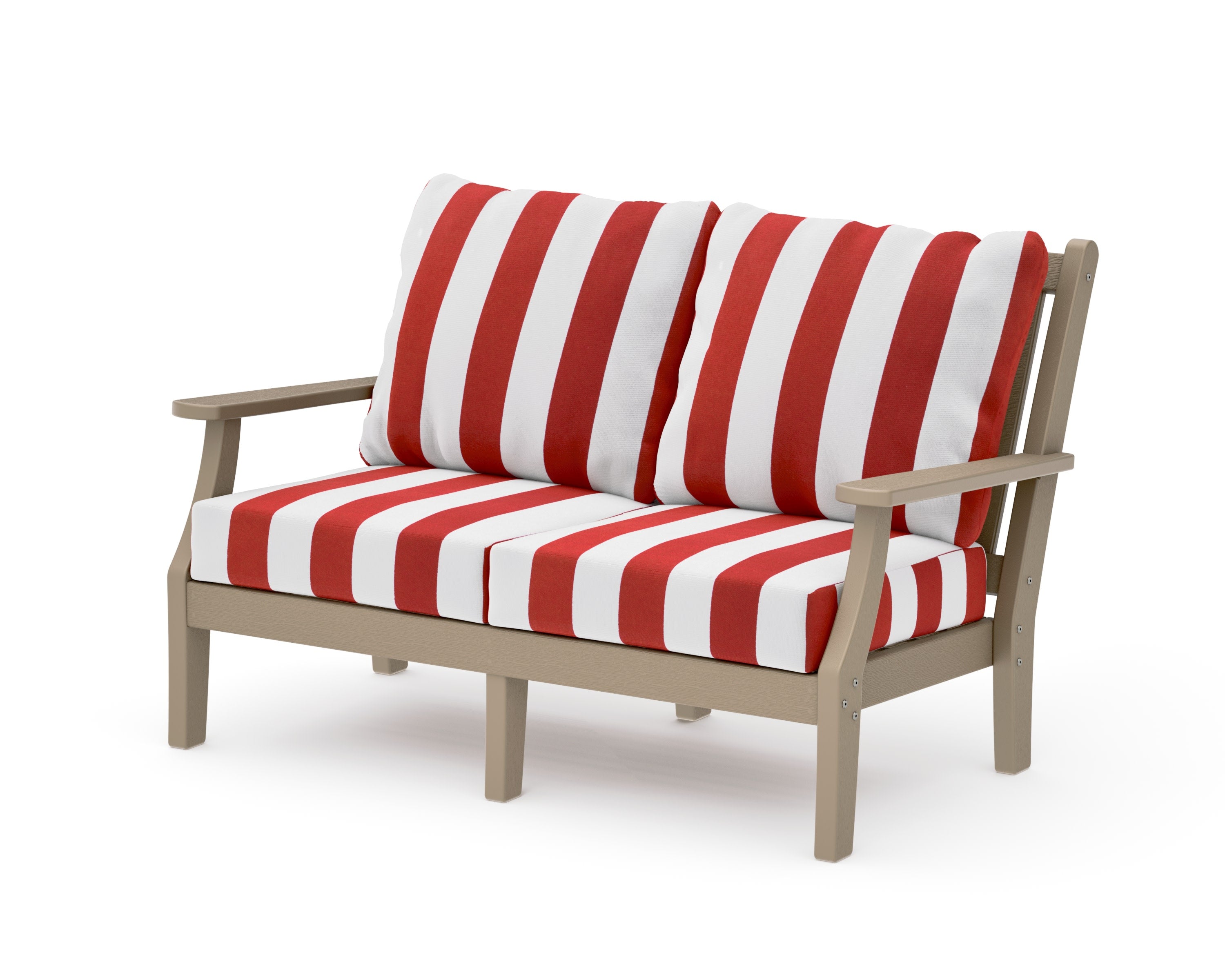 Wovendale Deep Seating Loveseat in Vintage Sahara / Cabana Stripe Crimson