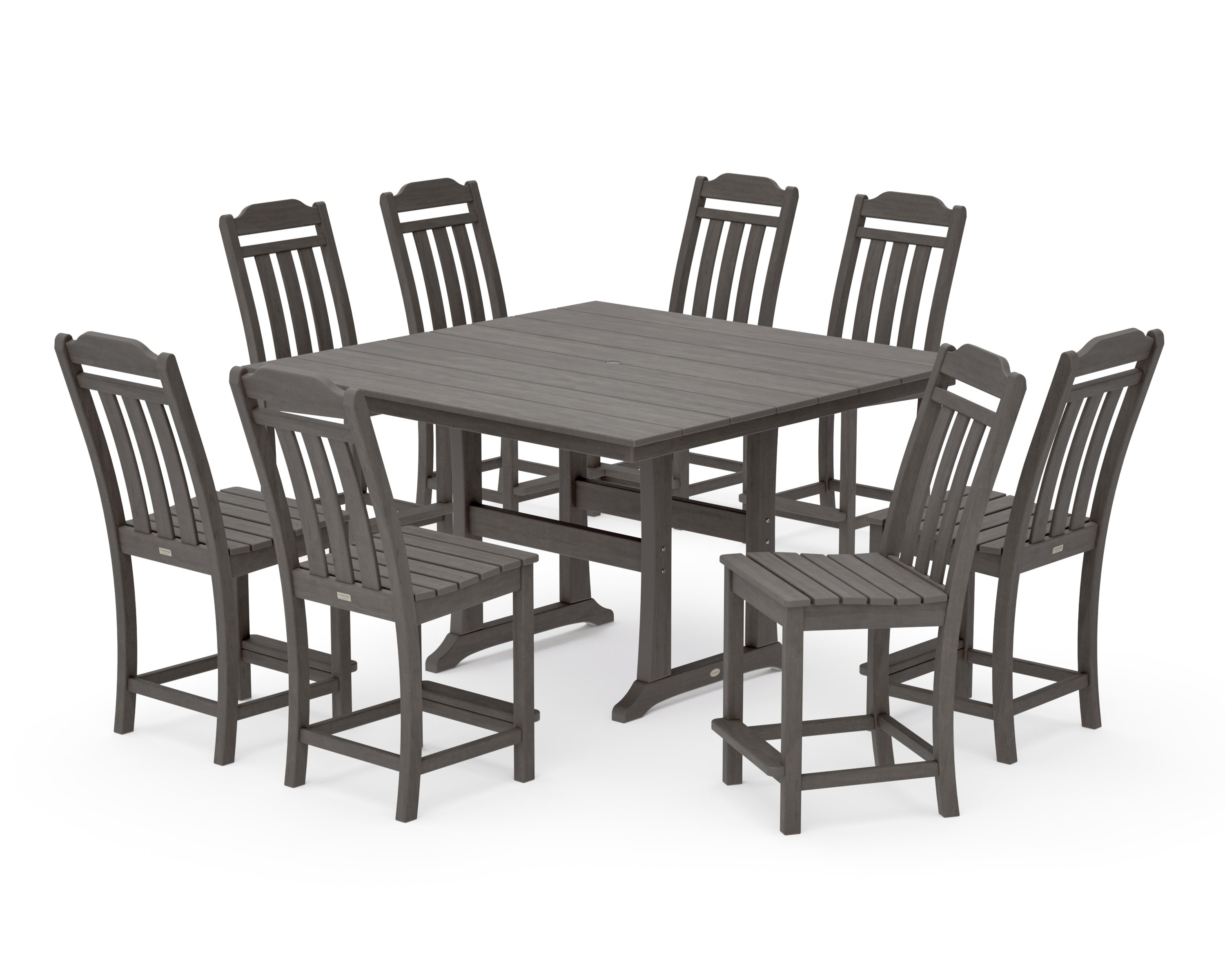 Cottage 9-Piece Square Farmhouse Side Chair Counter Set with Trestle Legs in Driftwood