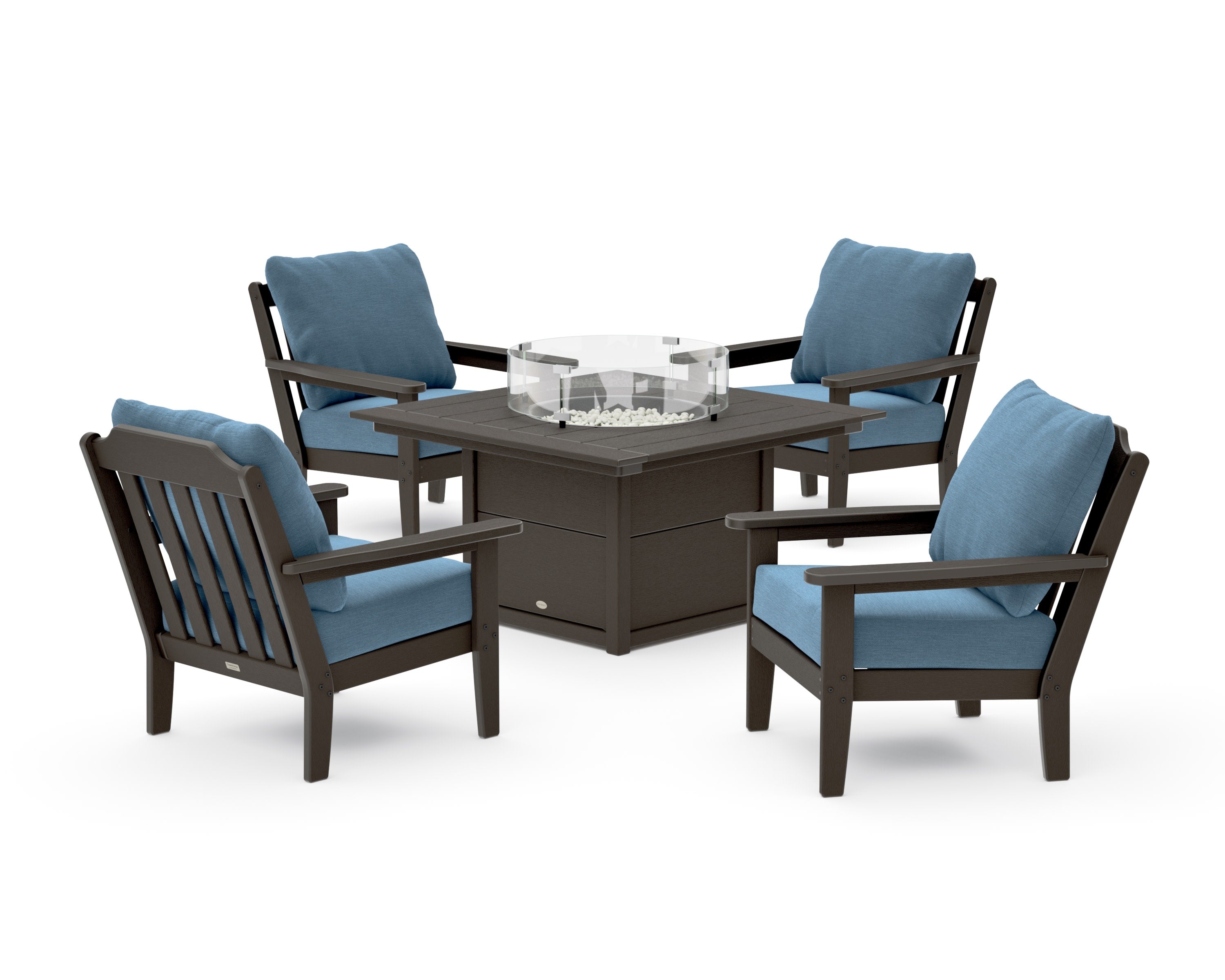 Cottage 5-Piece Deep Seating Set with Fire Pit Table in Vintage Coffee / Sky Blue