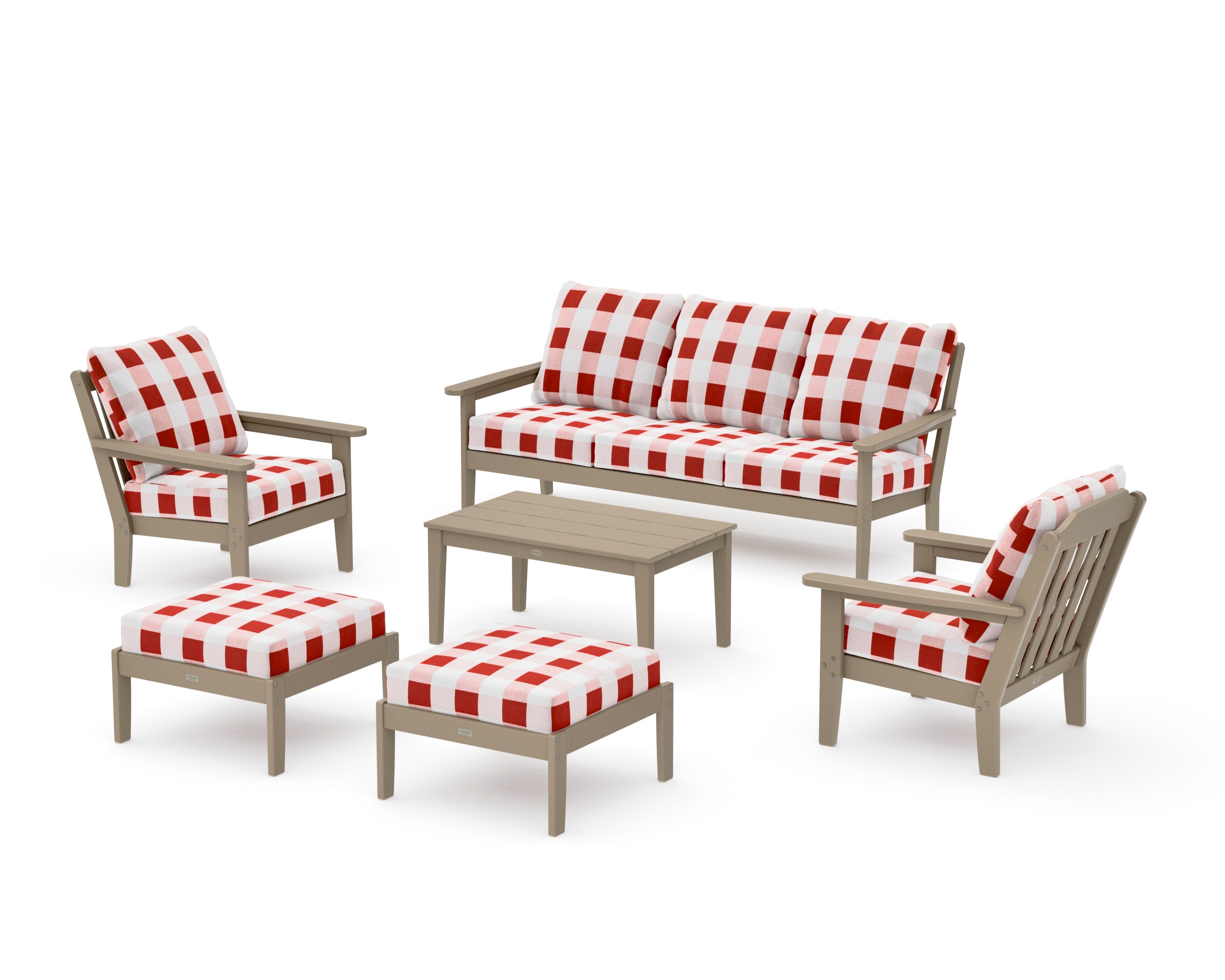Cottage 6-Piece Lounge Sofa Set in Vintage Sahara / Buffalo Plaid Crimson