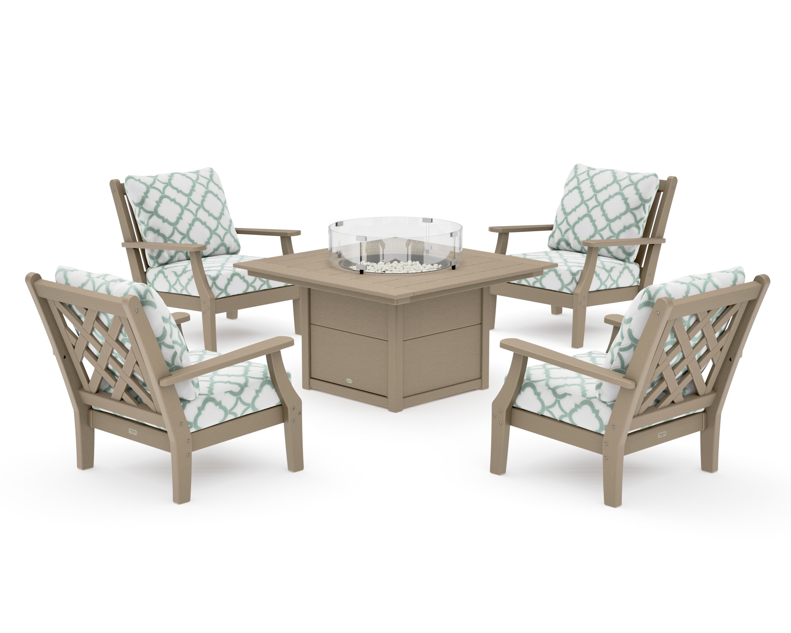 Wovendale 5-Piece Deep Seating Set with Fire Pit Table in Vintage Sahara / Trellis Glacier Spa