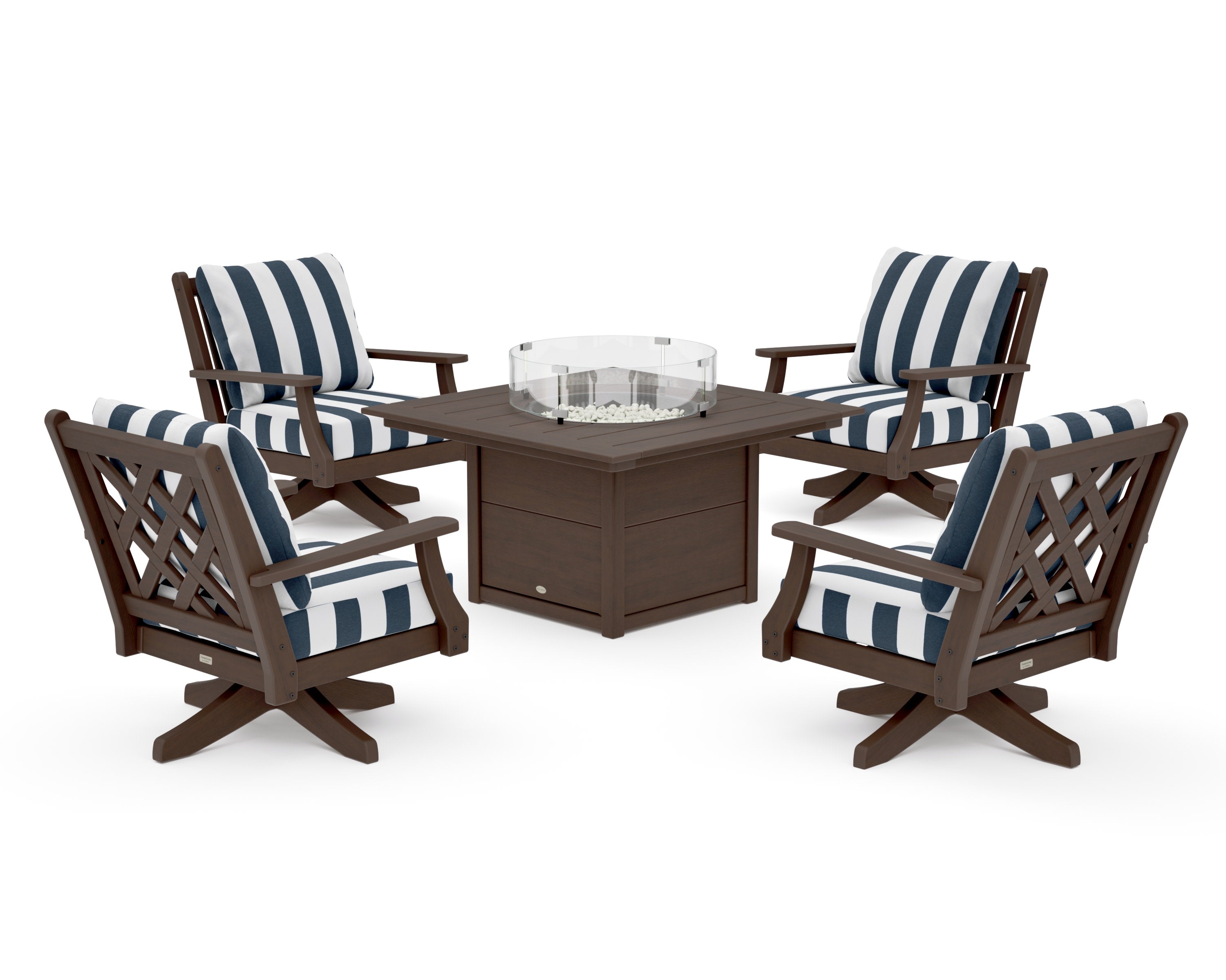 Wovendale 5-Piece Deep Seating Swivel Conversation Set with Fire Pit Table in Kona / Cabana Stripe Marine Indigo