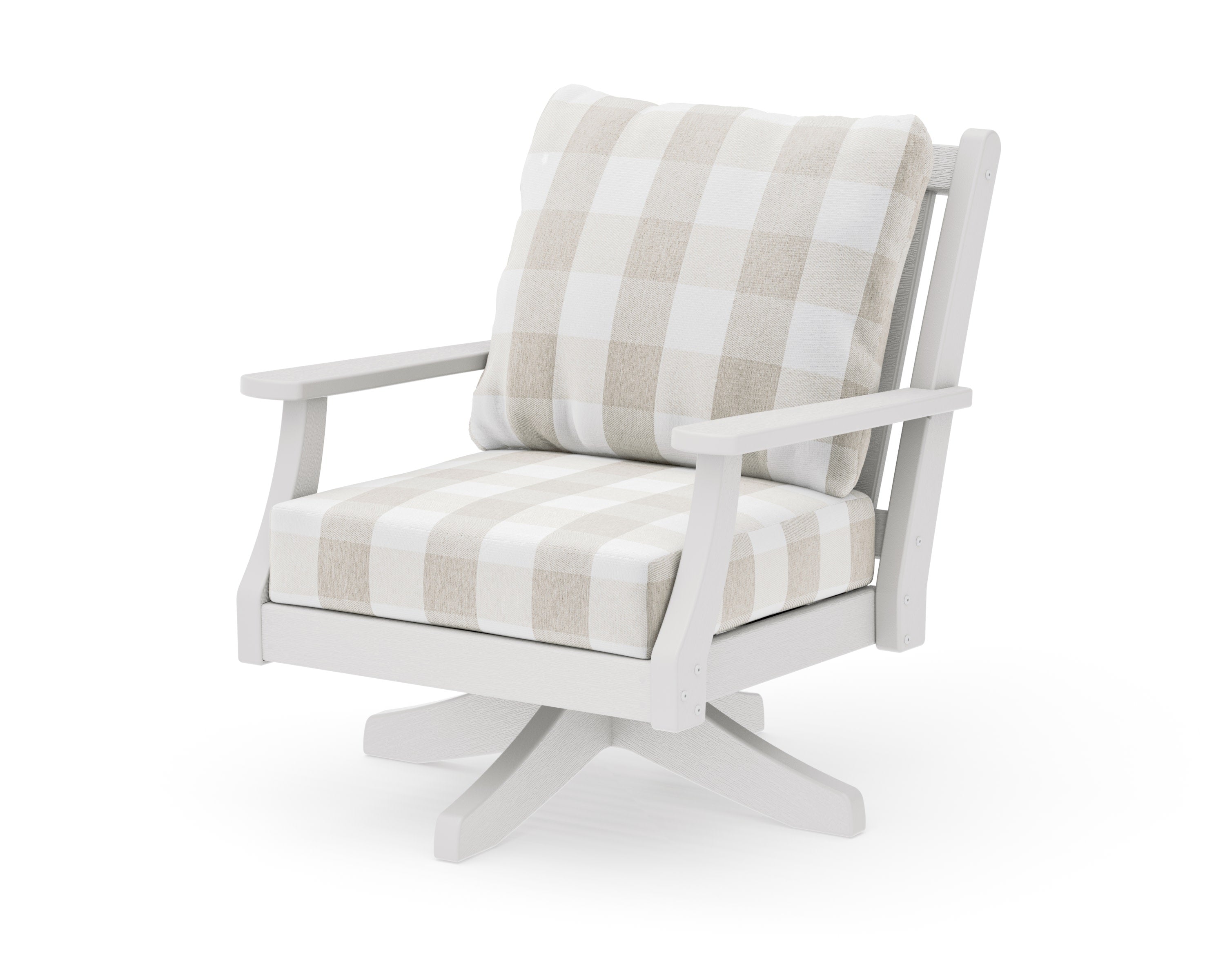 Wovendale Deep Seating Swivel Chair in Vintage White / Buffalo Plaid Dune Burlap