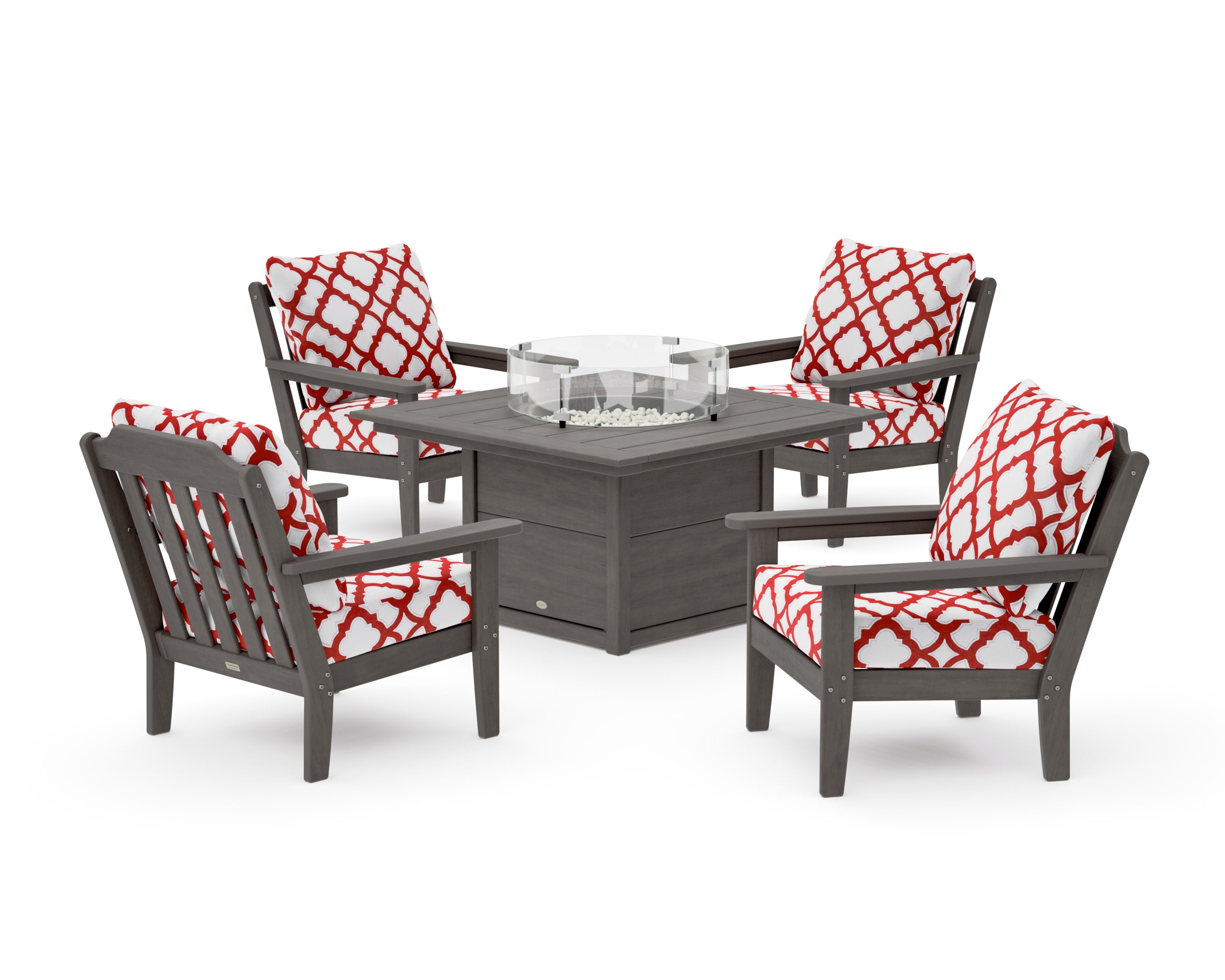 Cottage 5-Piece Deep Seating Set with Fire Pit Table in Driftwood / Trellis Crimson