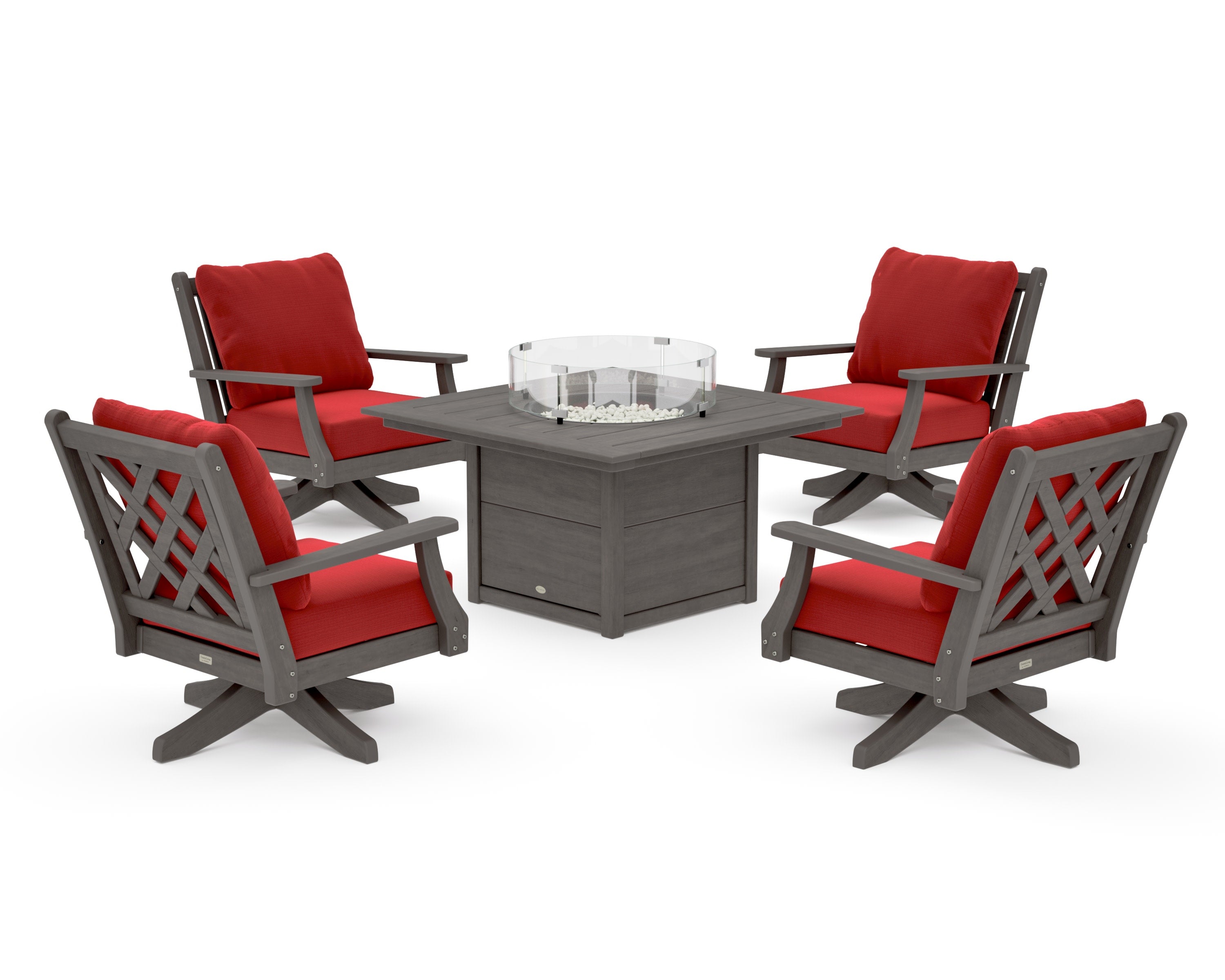 Wovendale 5-Piece Deep Seating Swivel Conversation Set with Fire Pit Table in Driftwood / Crimson Linen