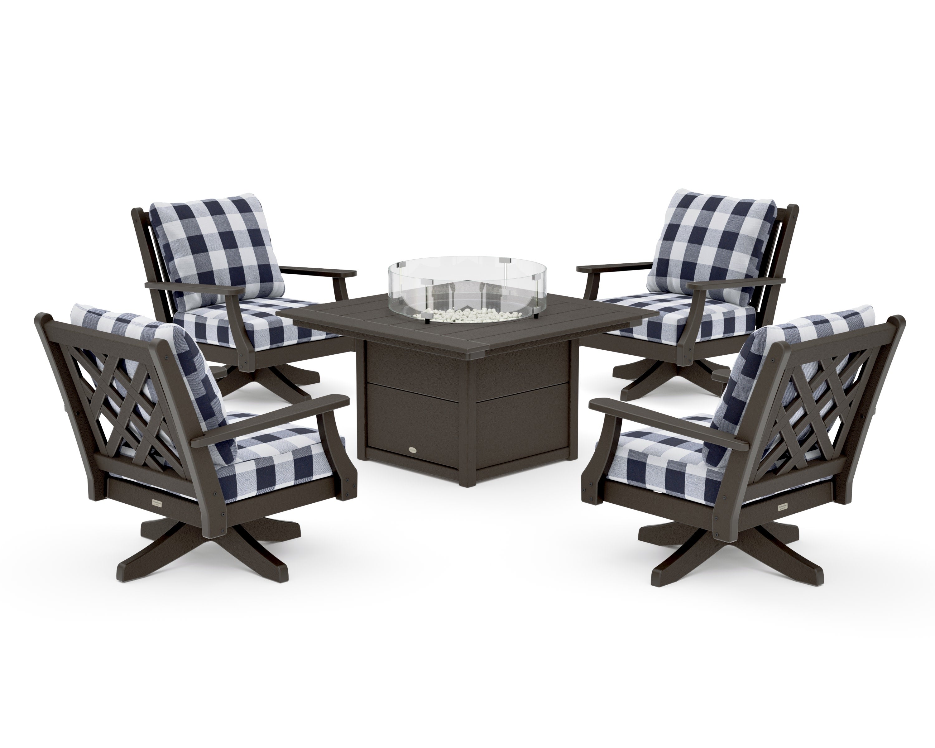 Wovendale 5-Piece Deep Seating Swivel Conversation Set with Fire Pit Table in Vintage Coffee / Buffalo Plaid Navy