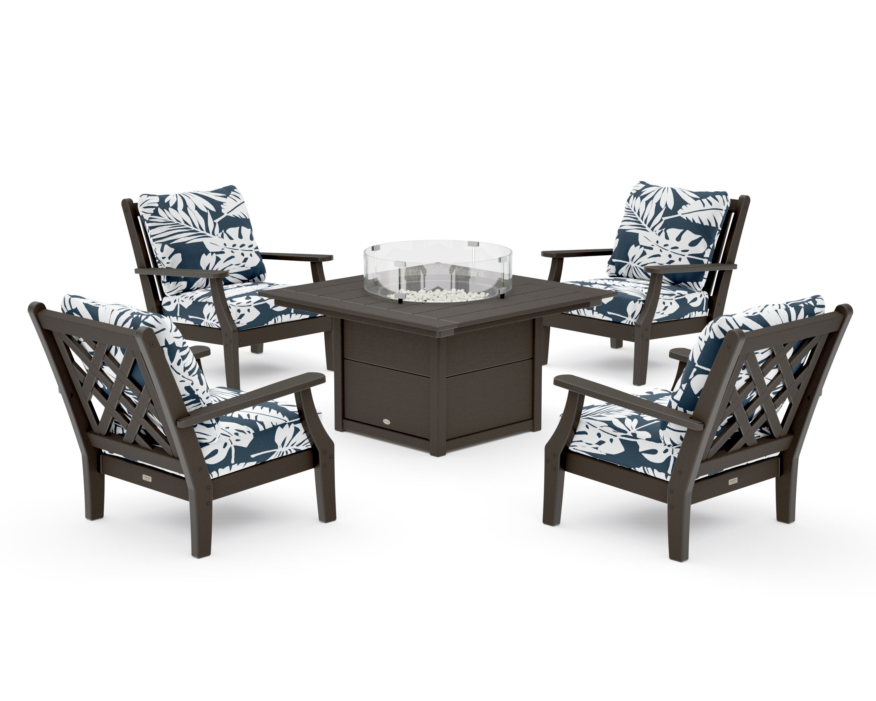 Wovendale 5-Piece Deep Seating Set with Fire Pit Table in Vintage Coffee / Leaf Marine Indigo