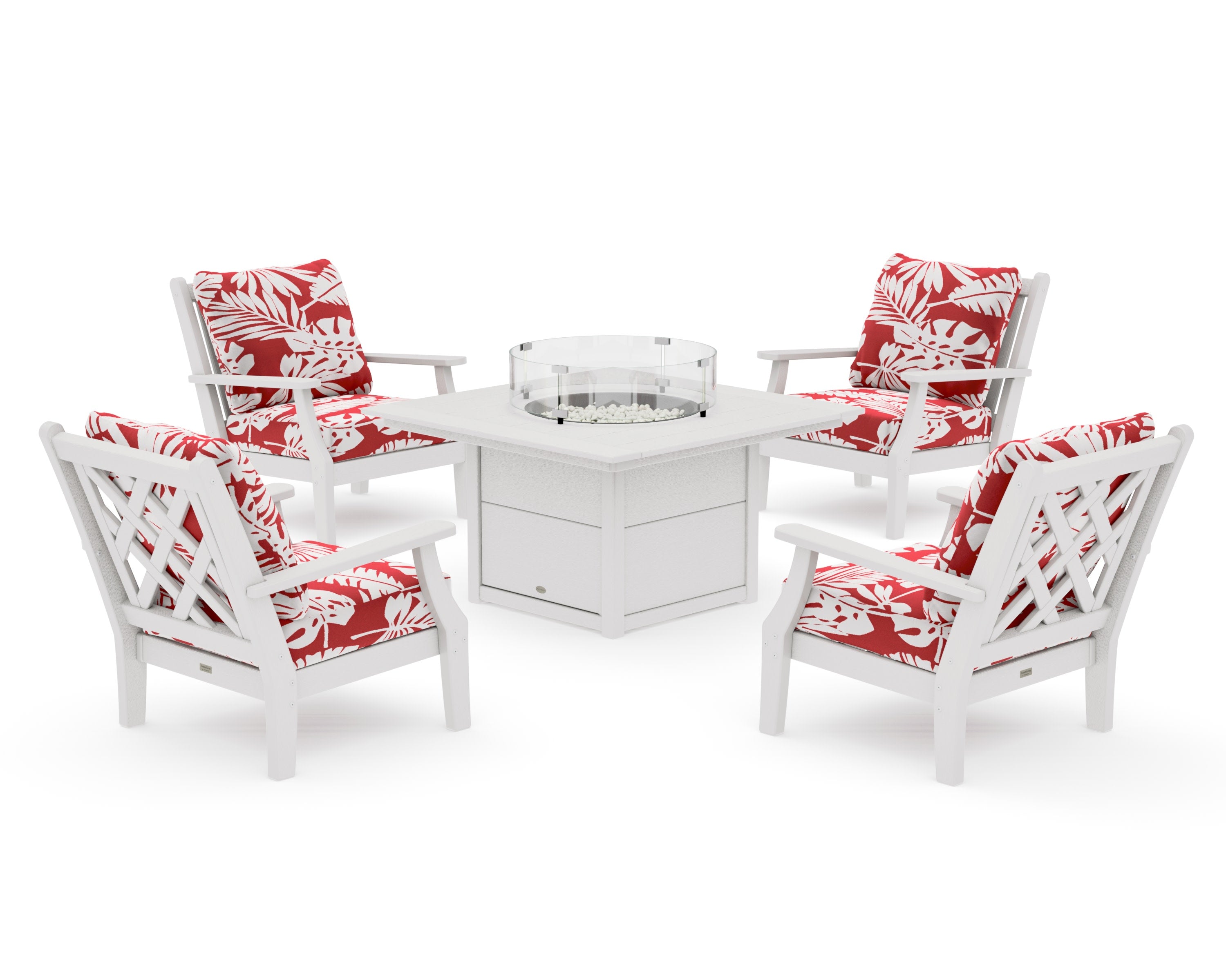Wovendale 5-Piece Deep Seating Set with Fire Pit Table in Vintage White / Leaf Crimson
