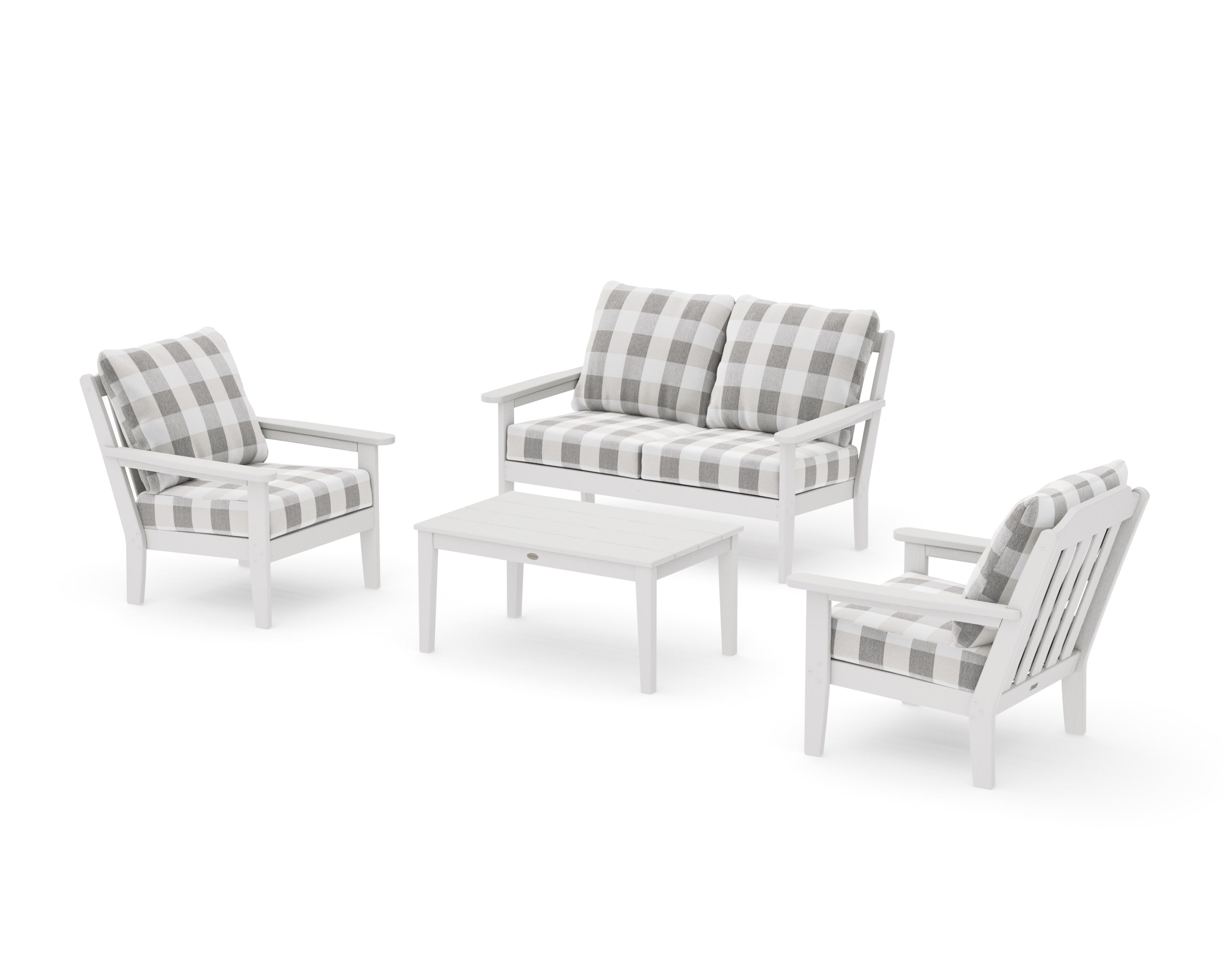 Cottage 4-Piece Deep Seating Set with Loveseat in Vintage White / Buffalo Plaid Grey Mist
