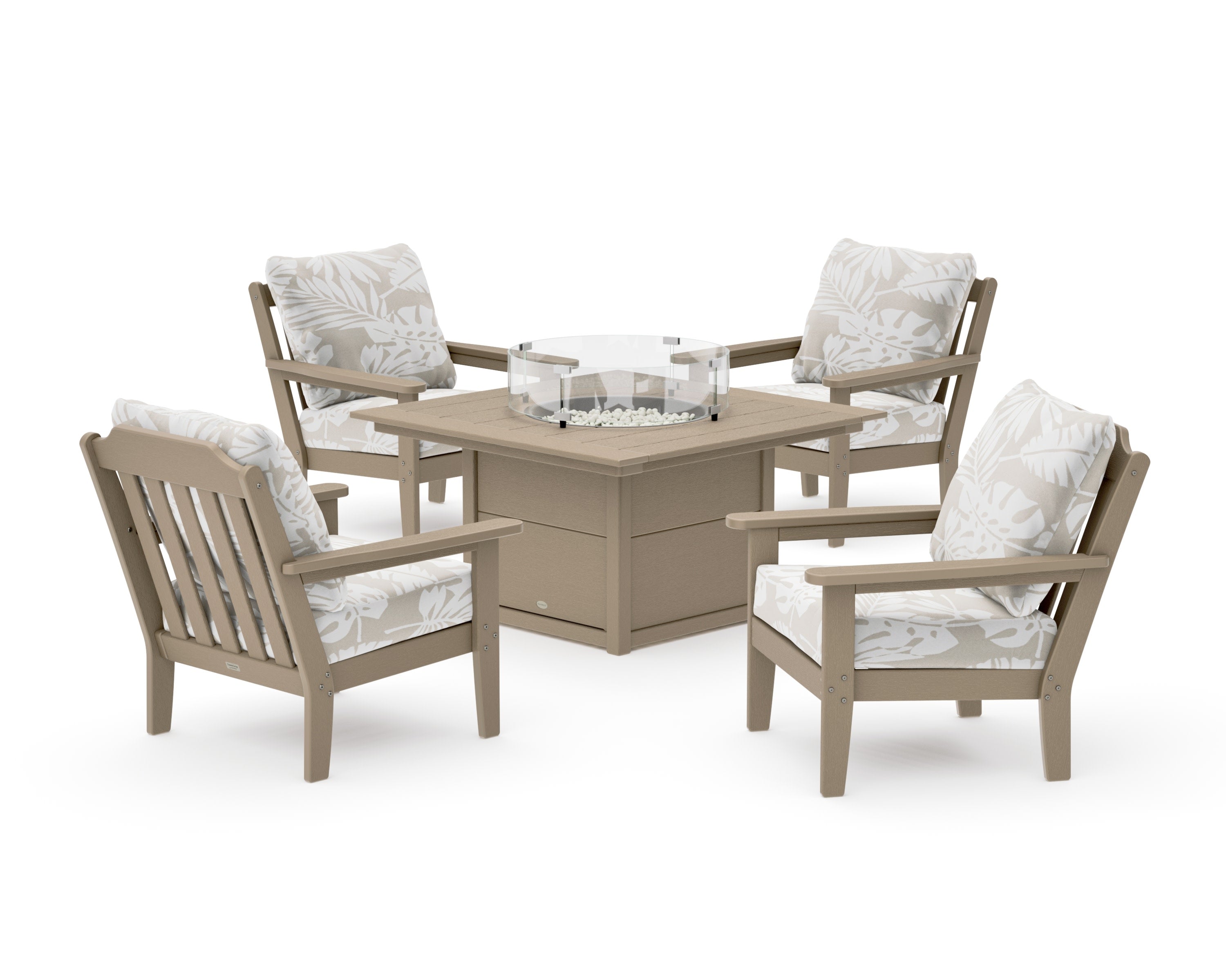 Cottage 5-Piece Deep Seating Set with Fire Pit Table in Vintage Sahara / Leaf Dune Burlap