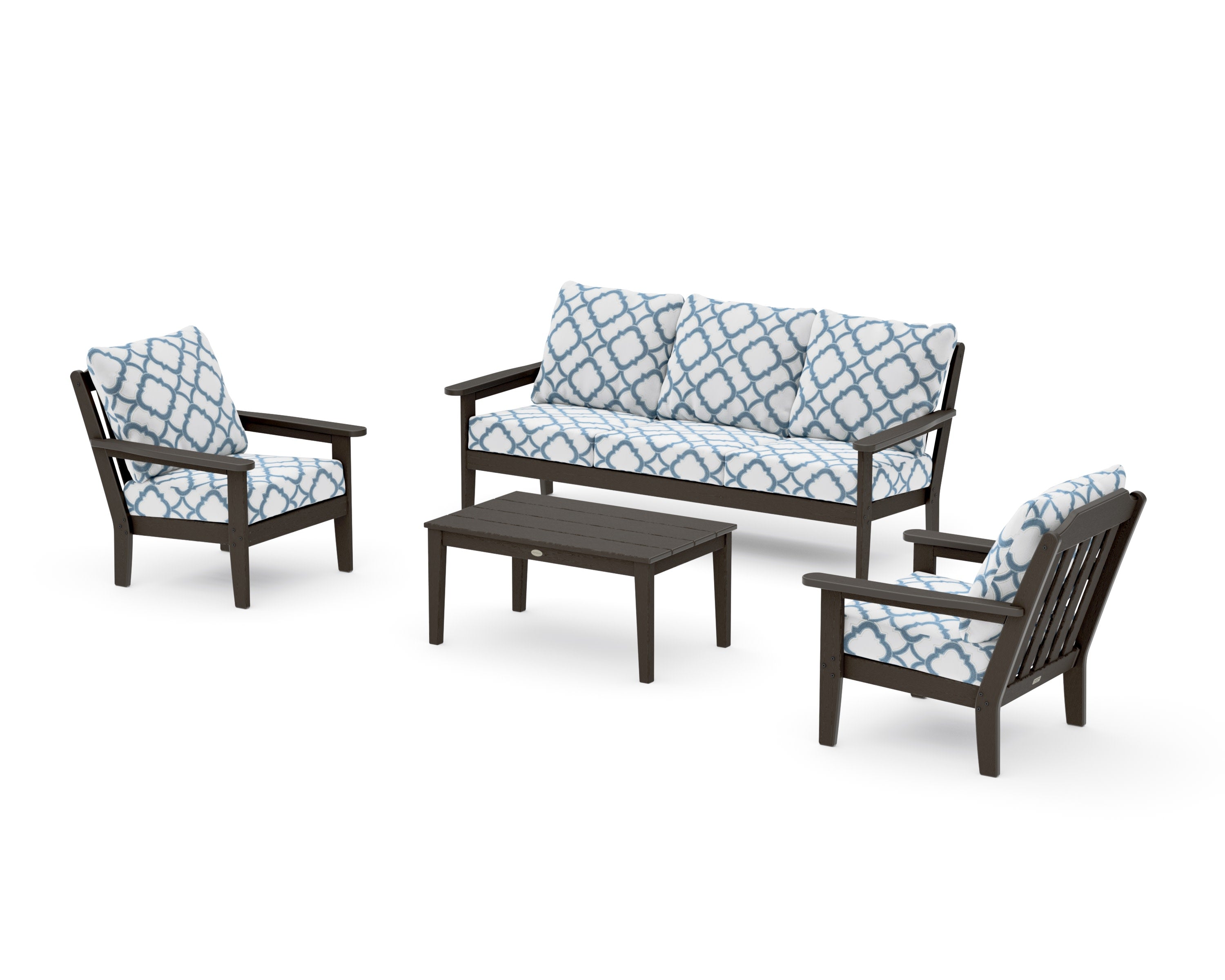 Cottage 4-Piece Deep Seating Set with Sofa in Vintage Coffee / Trellis Sky Blue