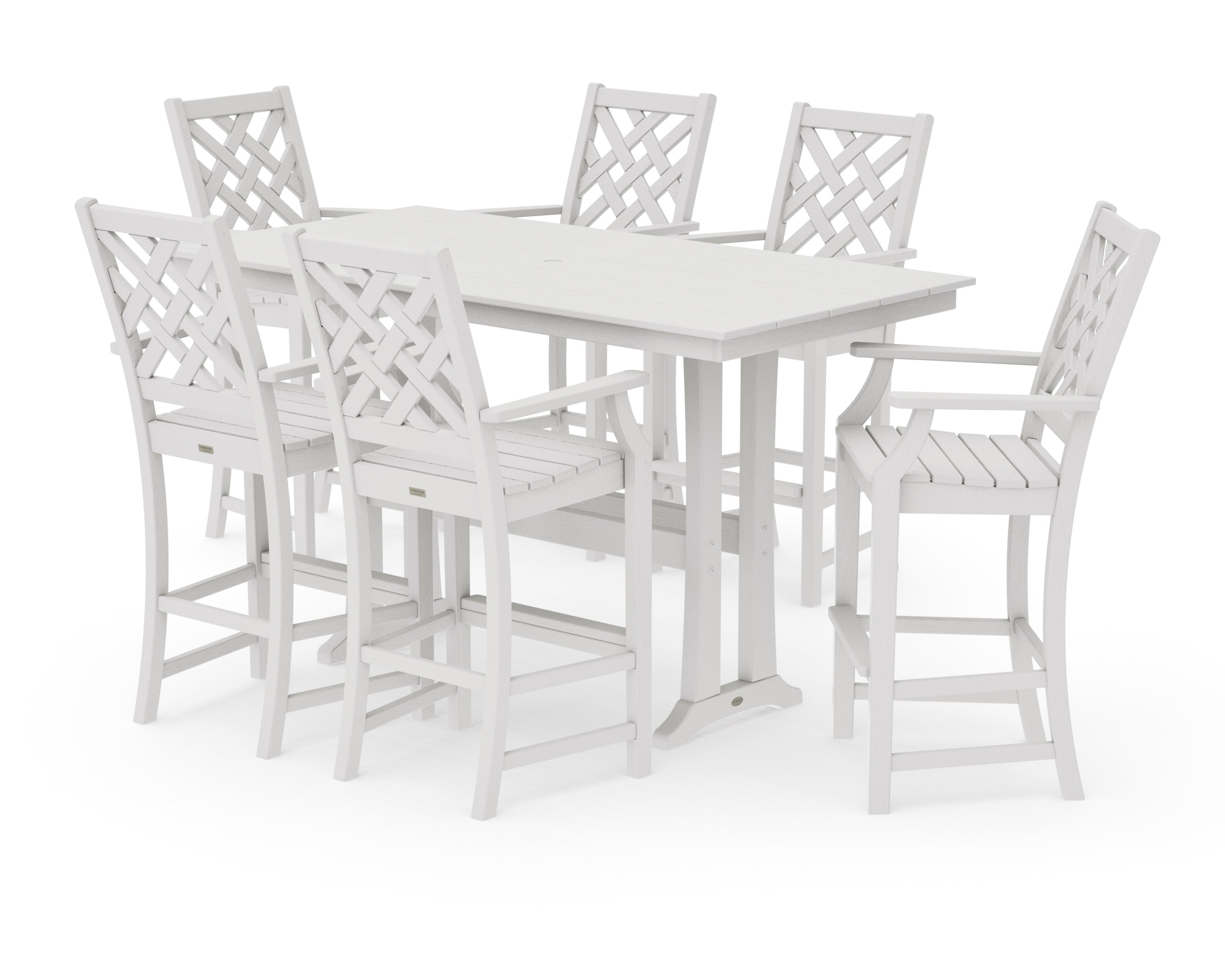 Wovendale Arm Chair 7-Piece Farmhouse Bar Set with Trestle Legs in Vintage White